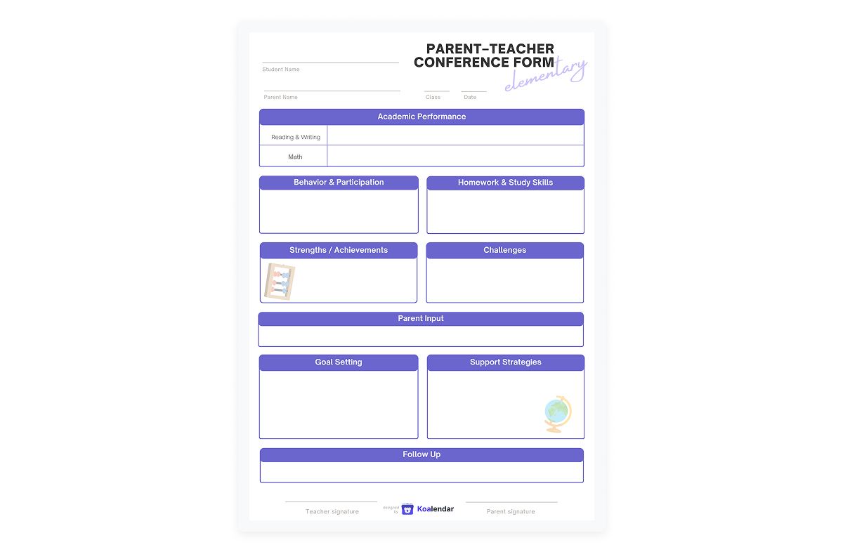 screenshot of parent-teacher conference form for elementary designed by koalendar