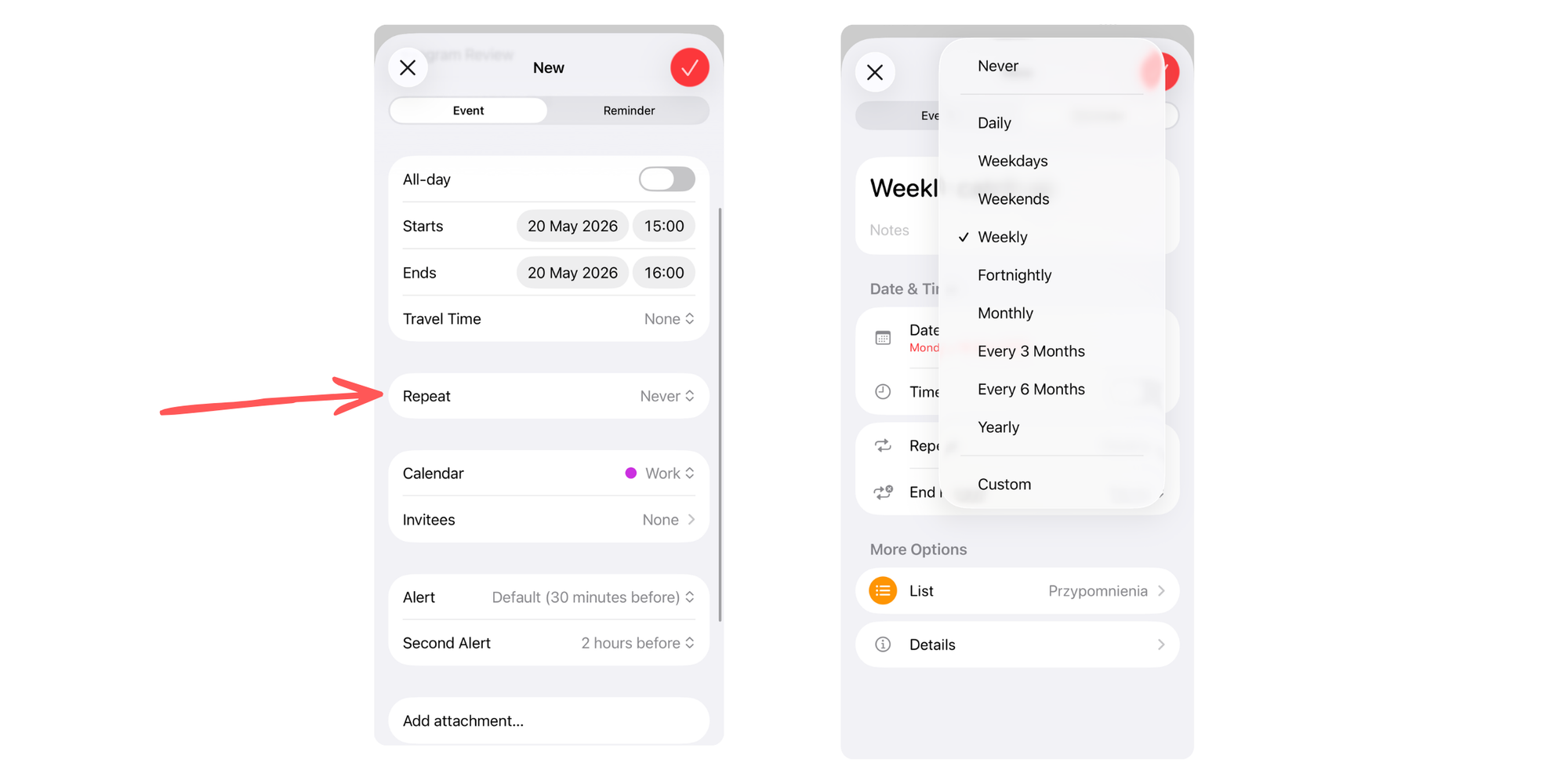 recurring meetings on iphone calendar