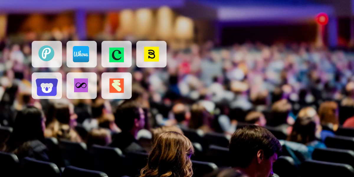 People sitting in an auditorium during an event, with various event scheduling software logos displayed