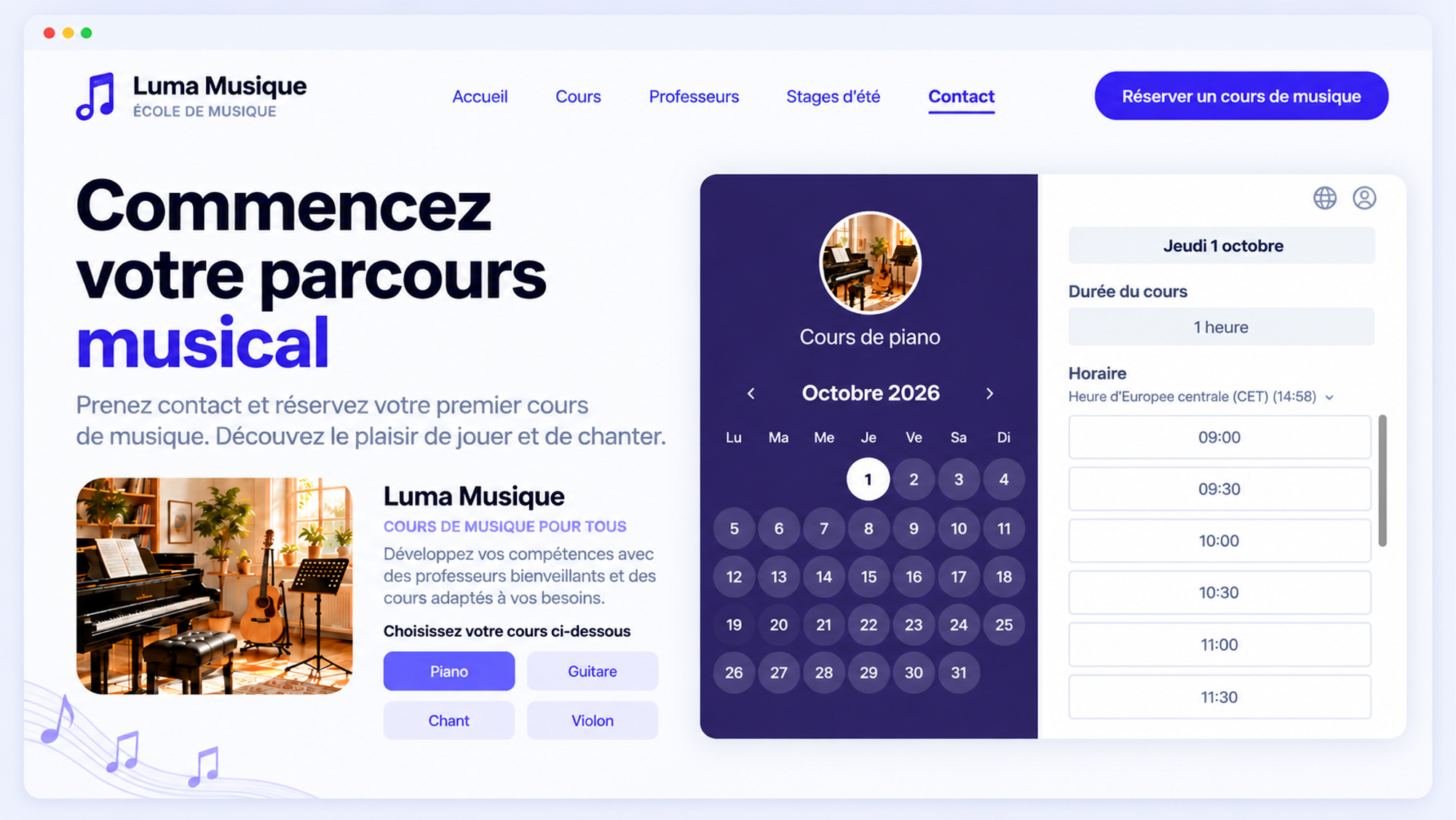 Page de réservation de cours de piano Koalendar présentant un logiciel de prise de rendez-vous pour une école de musique.