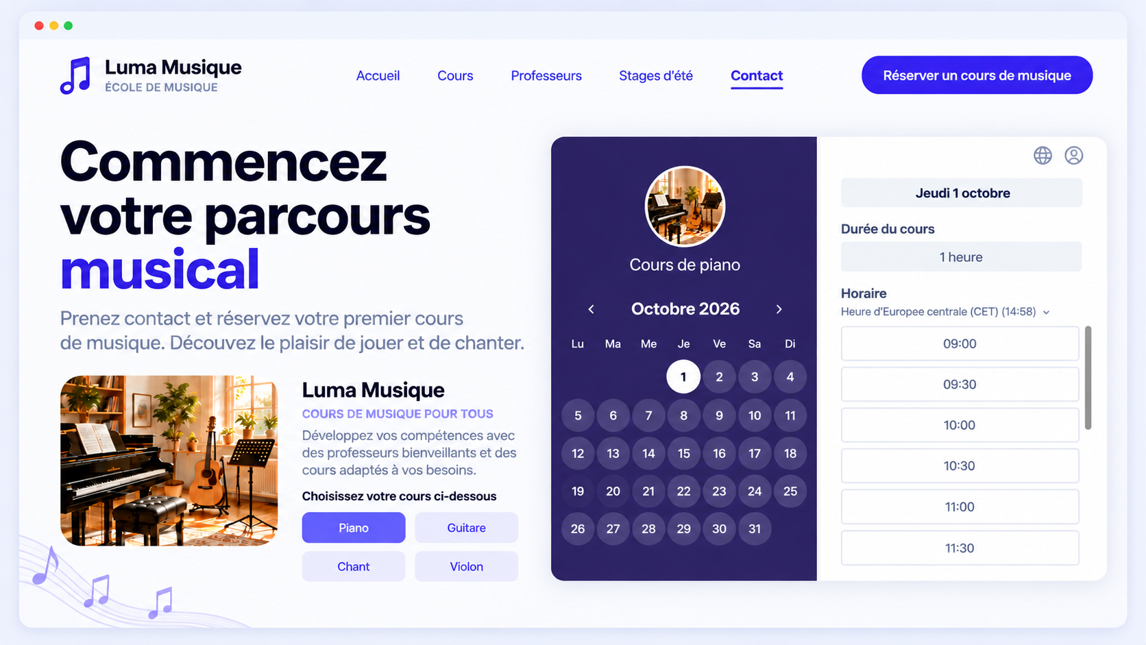 Page de réservation de cours de piano Koalendar présentant un logiciel de prise de rendez-vous pour une école de musique.