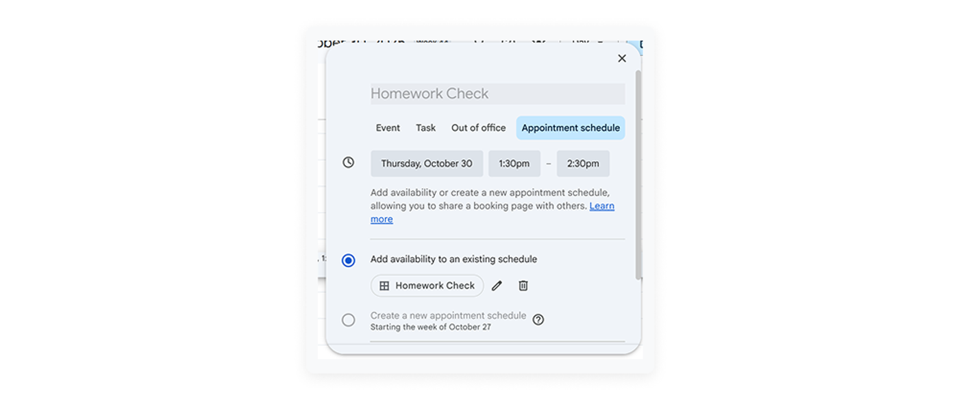 screenshot of create appointment slots as one of google calendar hacks