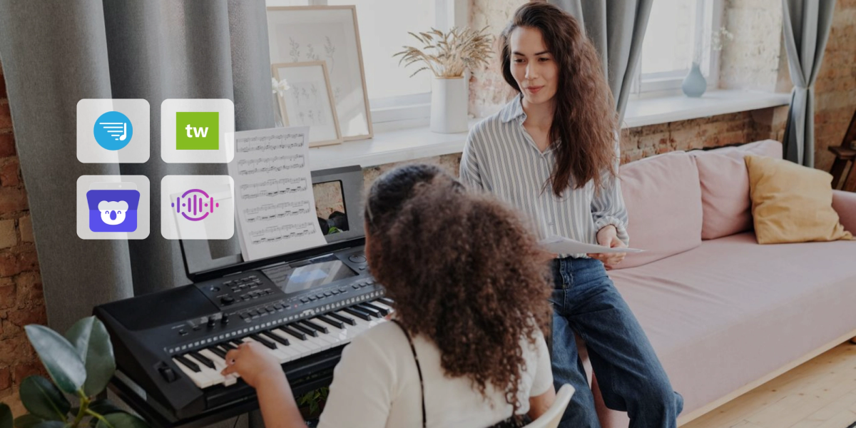 Piano teacher and student during a lesson, alongside four music school scheduling software logos