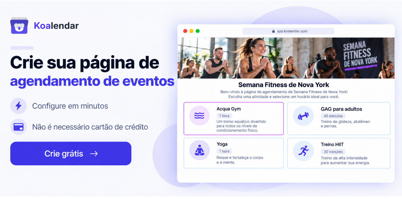 Banner do Koalendar convidando organizadores a simplificar as reservas de eventos com um software de agendamento de espaços para eventos