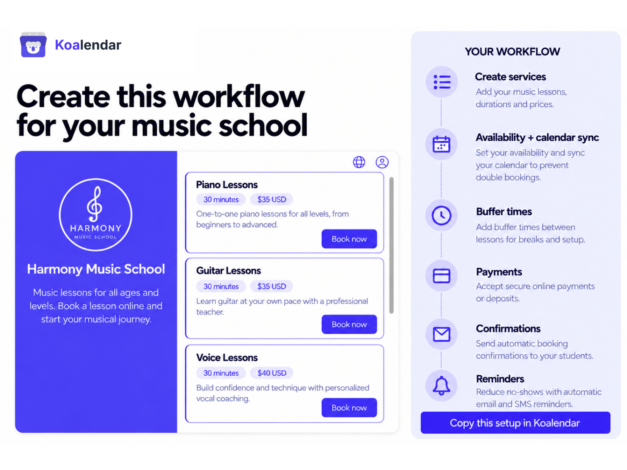 Koalendar workflow showing lesson services, availability, payments and reminders in lesson scheduling software for music school.