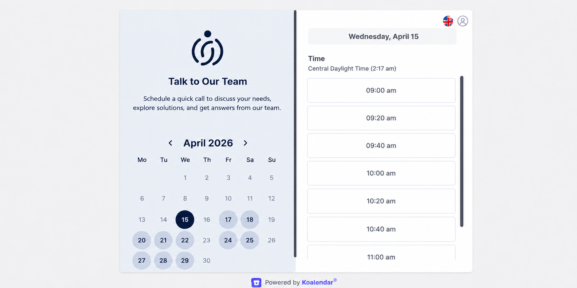 koalendar meilleure page de réservation en ligne pour planifier des réunions
