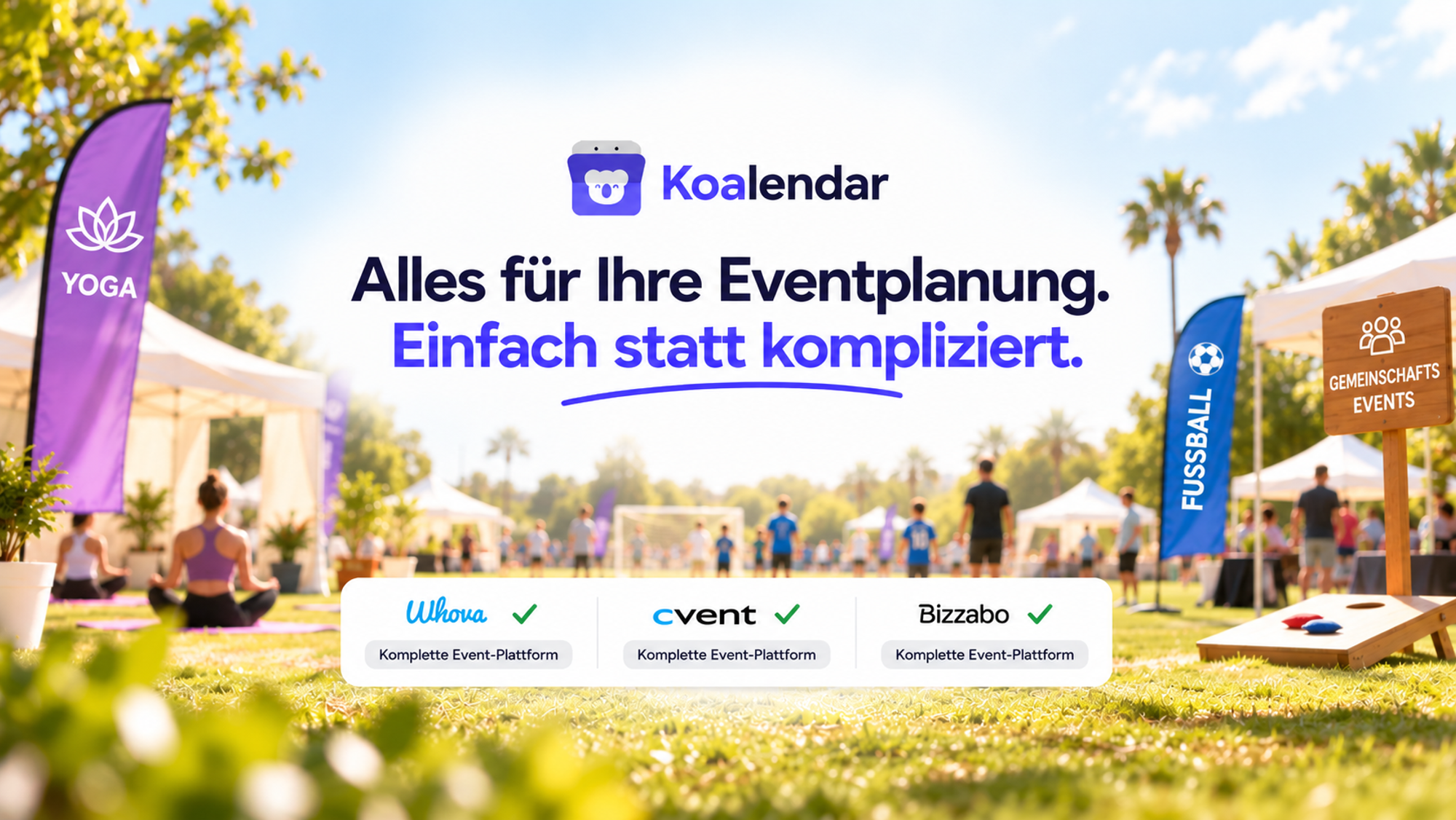 Koalendar-Banner mit Outdoor-Yoga, Fußball und Gemeinschaftsaktivitäten für Organisatoren, die Software zur Buchung von Veranstaltungsräumen vergleichen