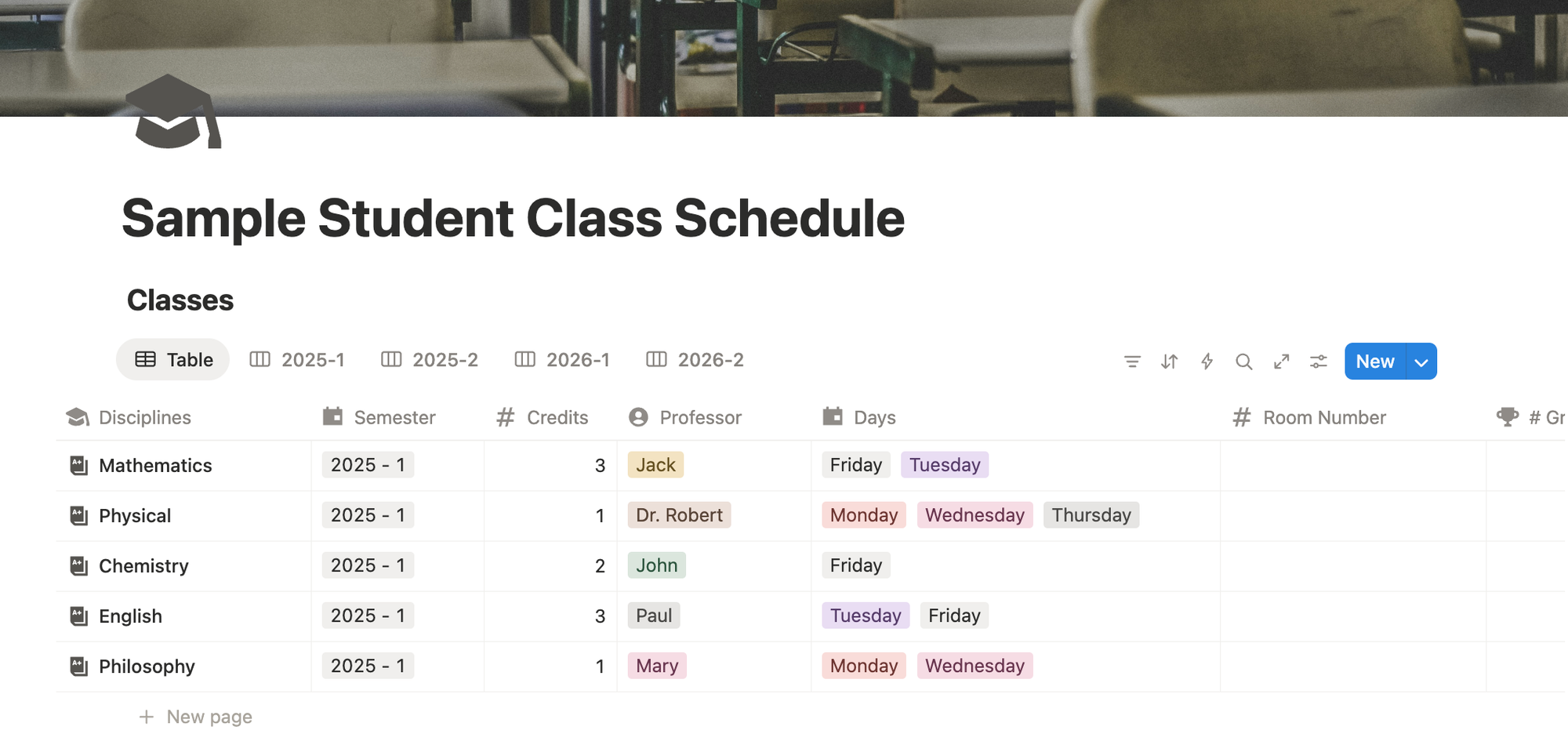 Sample of an individual student template with a design school schedule