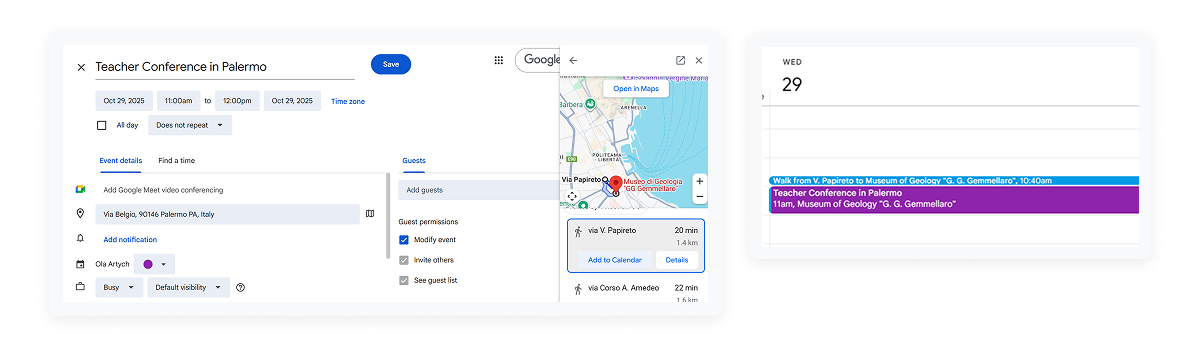screenshot of blocking out travel time as one of google calendar hacks