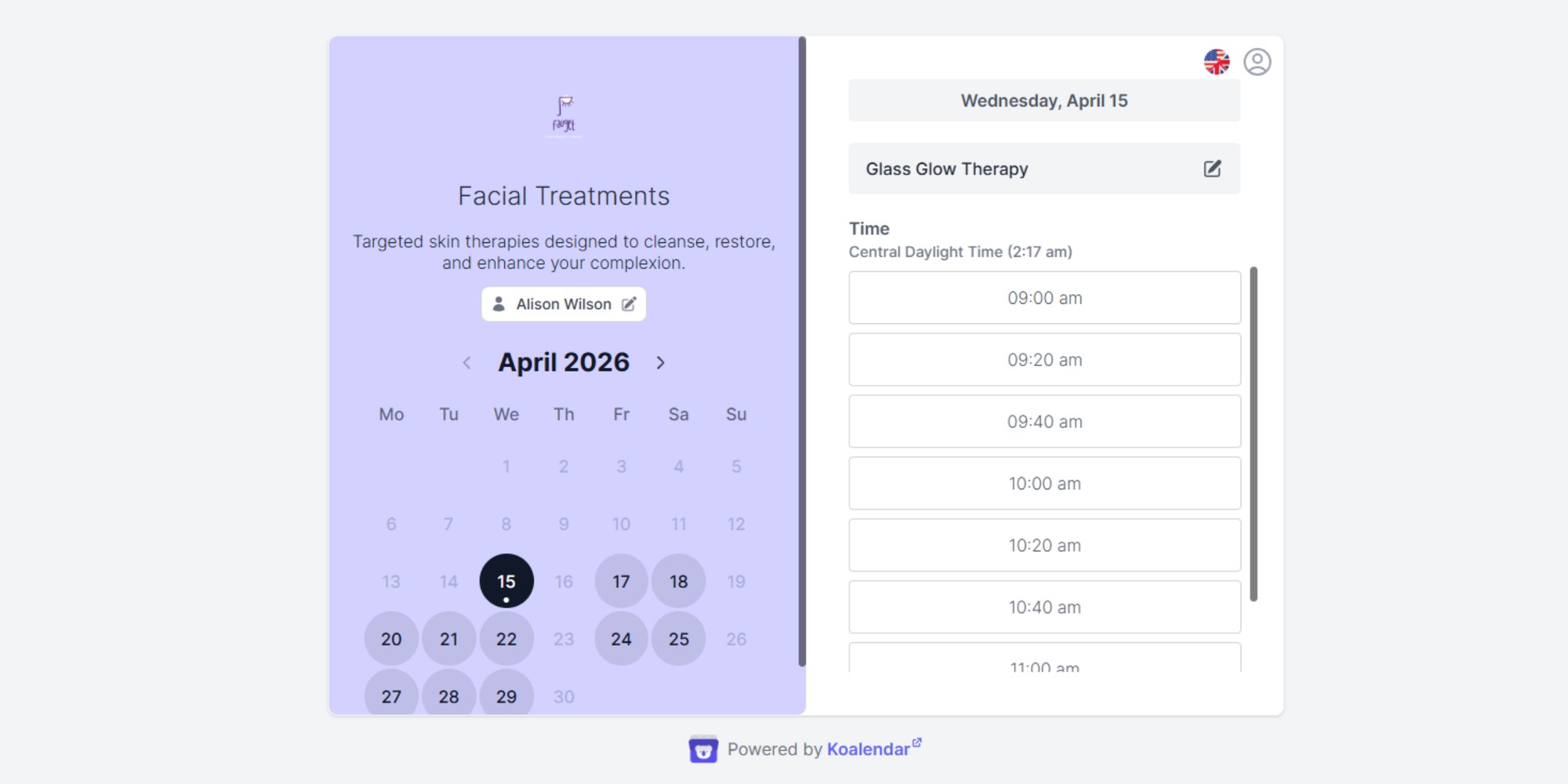 booking page of Koalendar best scheduling app for massage therapist
