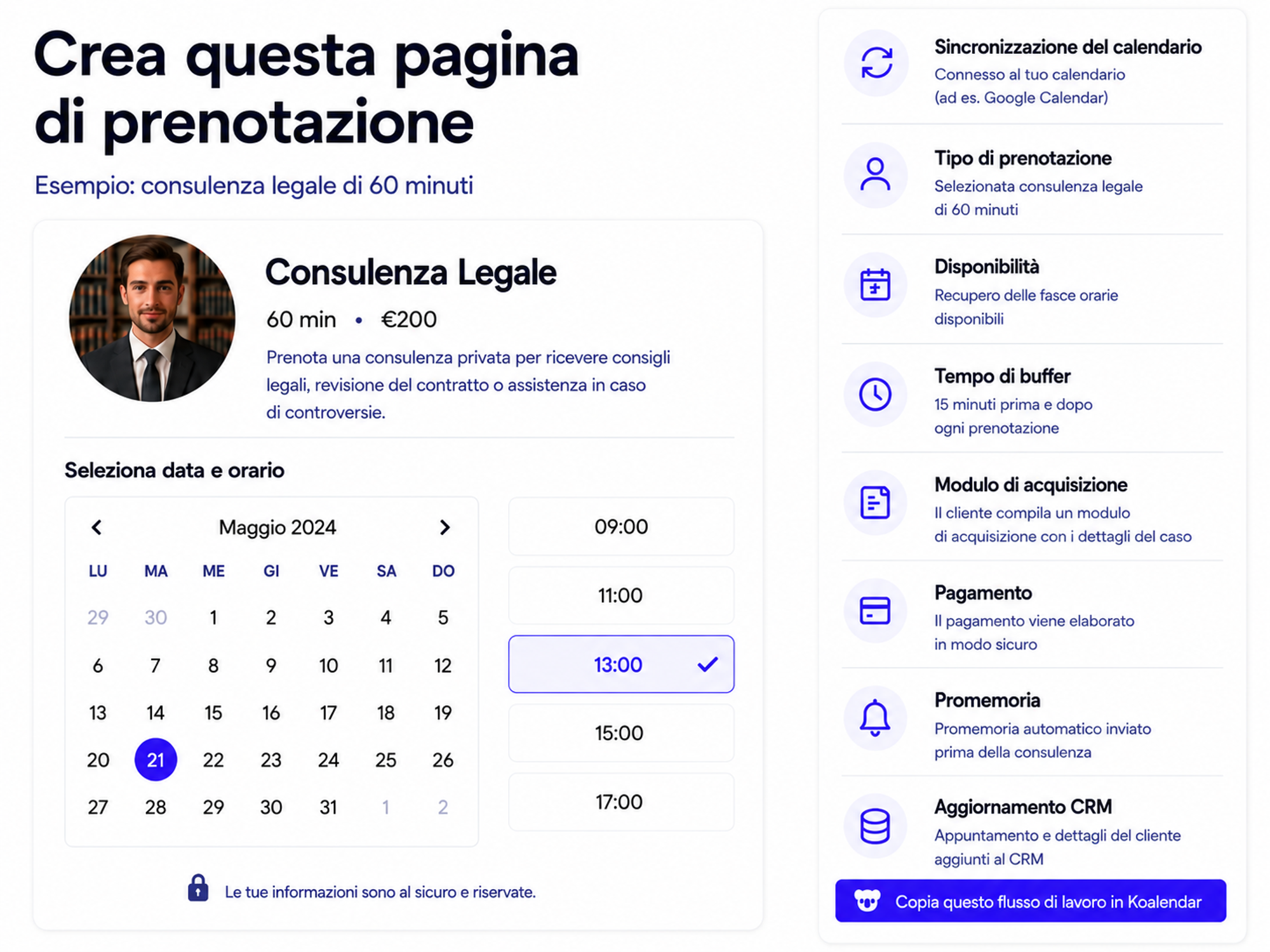 Flusso di prenotazione per studi legali realizzato con il software di pianificazione per avvocati Koalendar