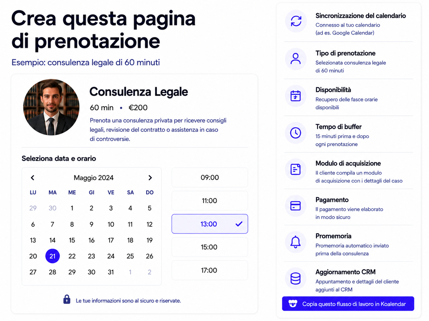 Flusso di prenotazione per studi legali realizzato con il software di pianificazione per avvocati Koalendar