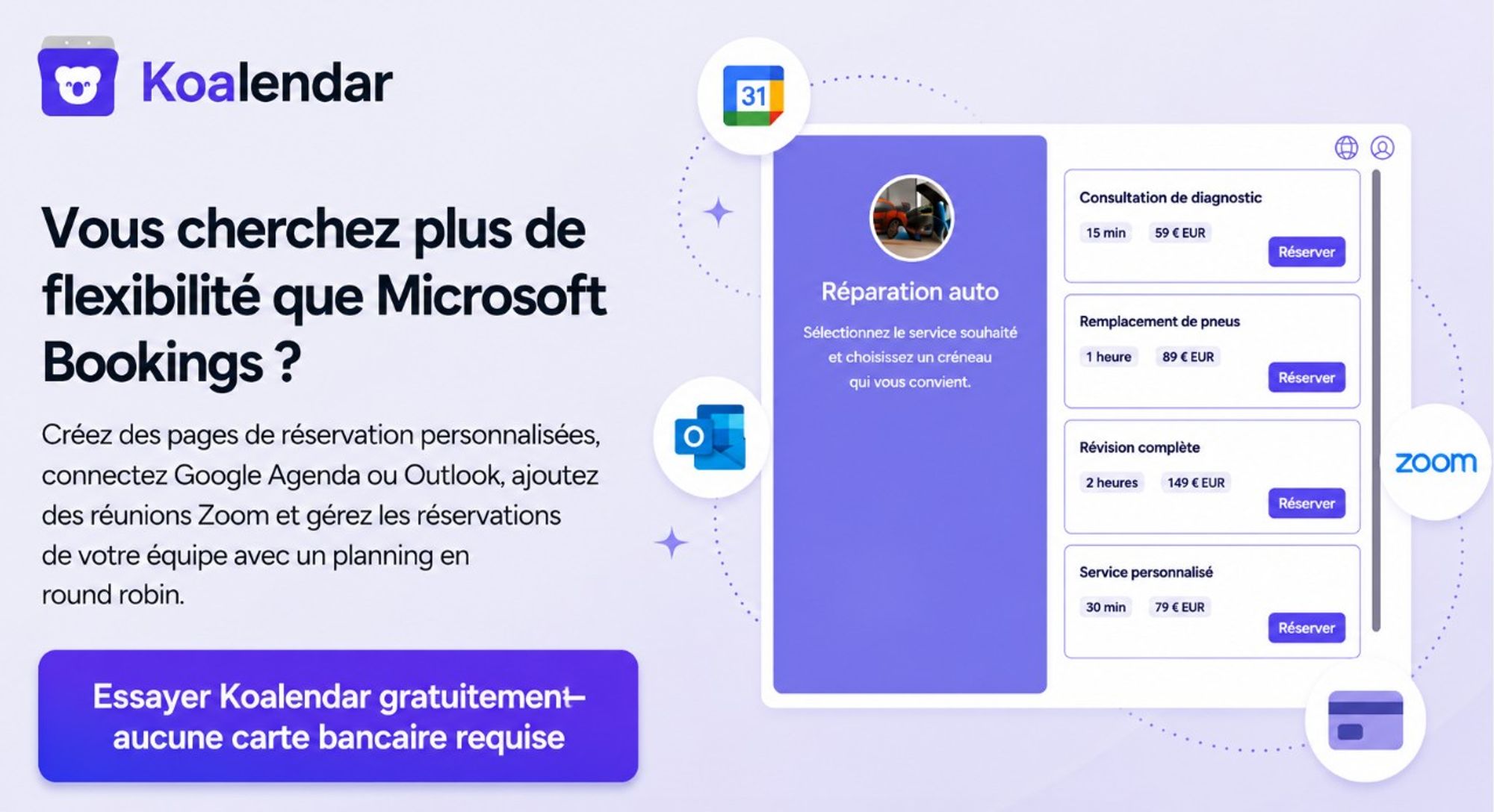 Alternative à Microsoft Bookings avec la page de réservation Koalendar offrant une personnalisation flexible, l’intégration avec Google Calendar, Outlook, Zoom, ainsi que la planification en équipe.