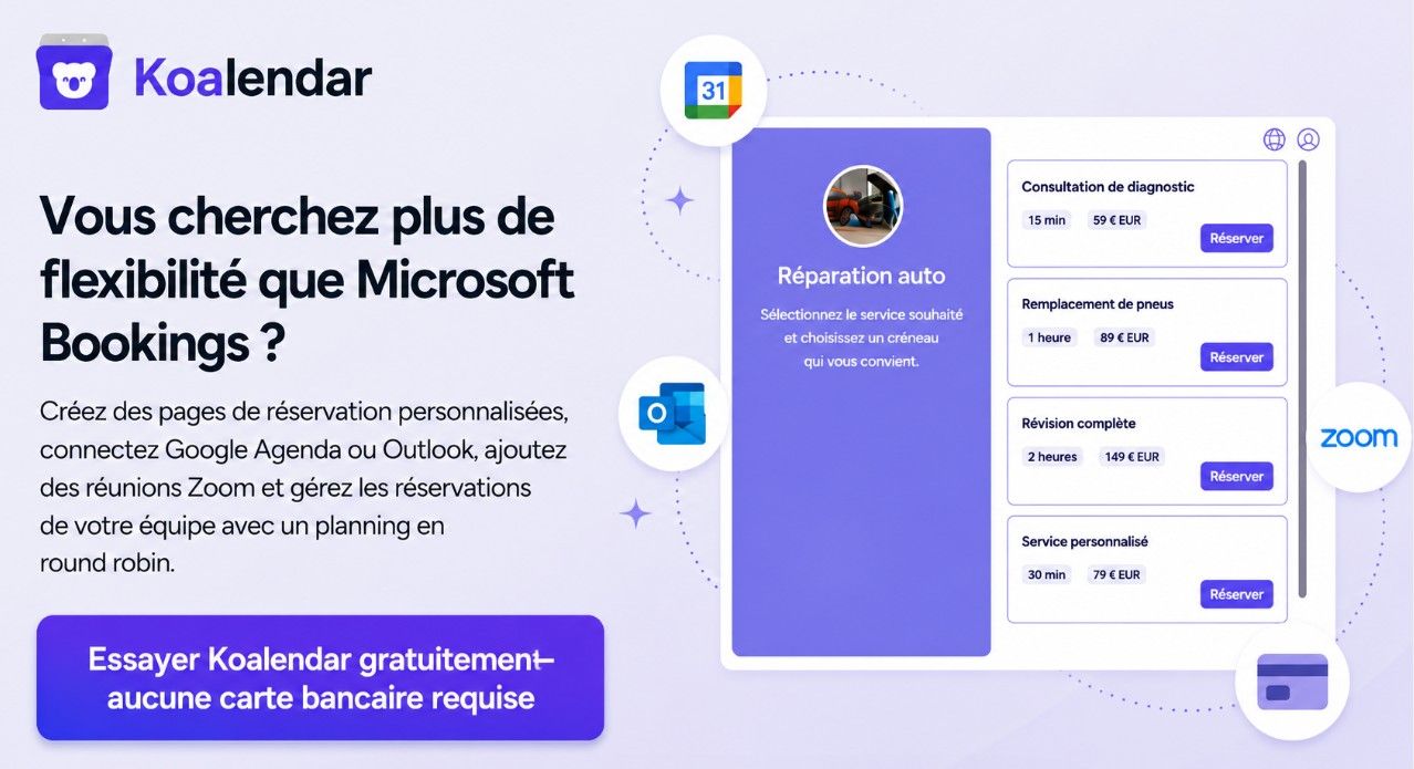 Alternative à Microsoft Bookings avec la page de réservation Koalendar offrant une personnalisation flexible, l’intégration avec Google Calendar, Outlook, Zoom, ainsi que la planification en équipe.
