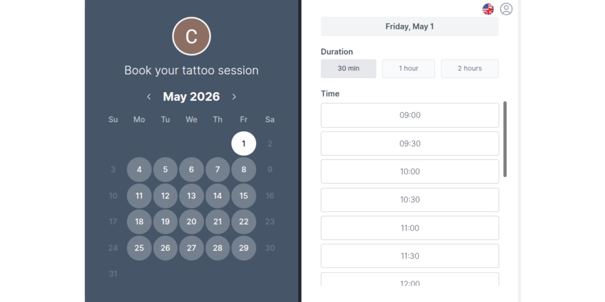 Tattoo session booking form powered by Koalendar’s scheduling platform