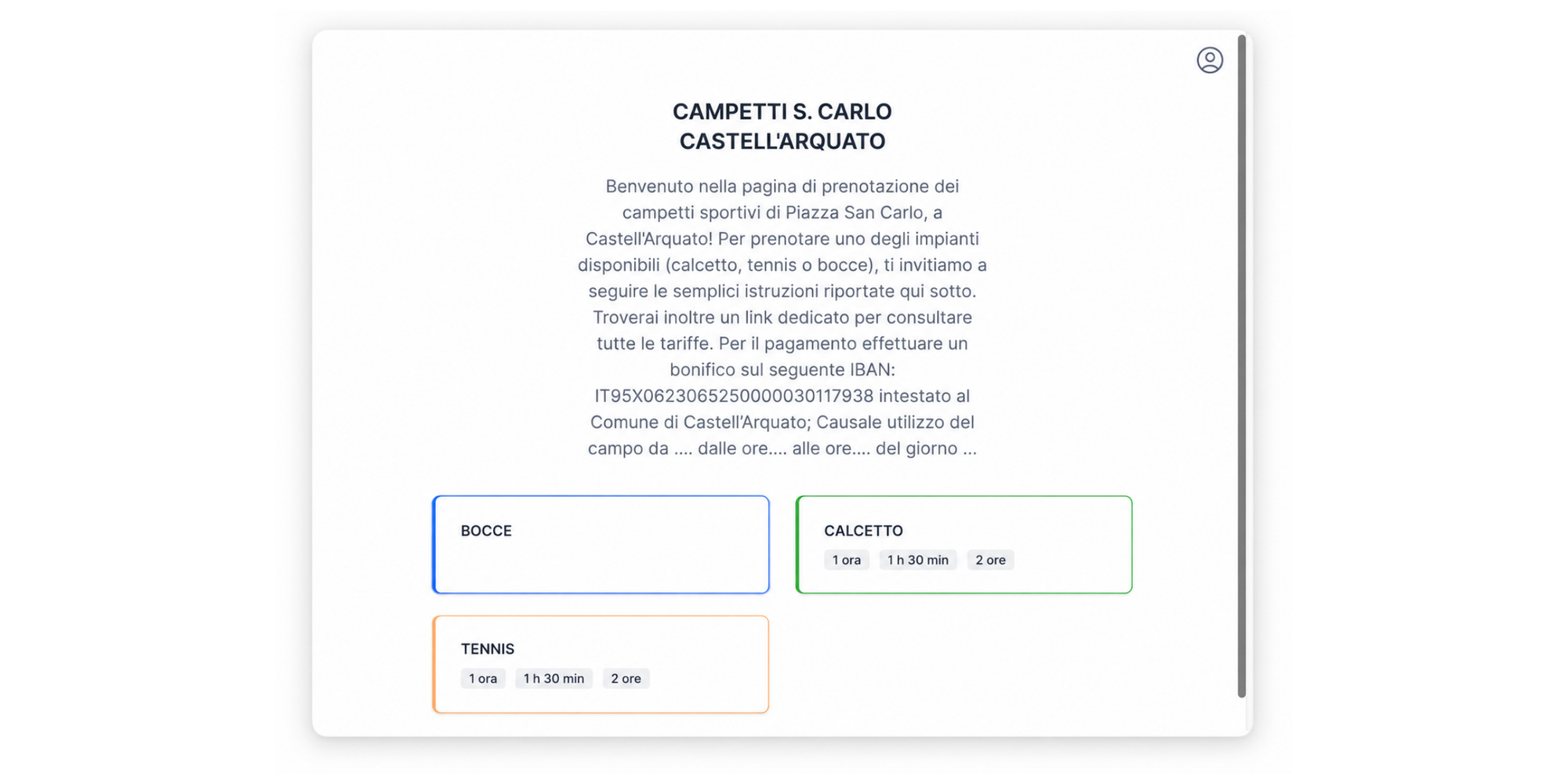booking page for a sport facility made with koalendar