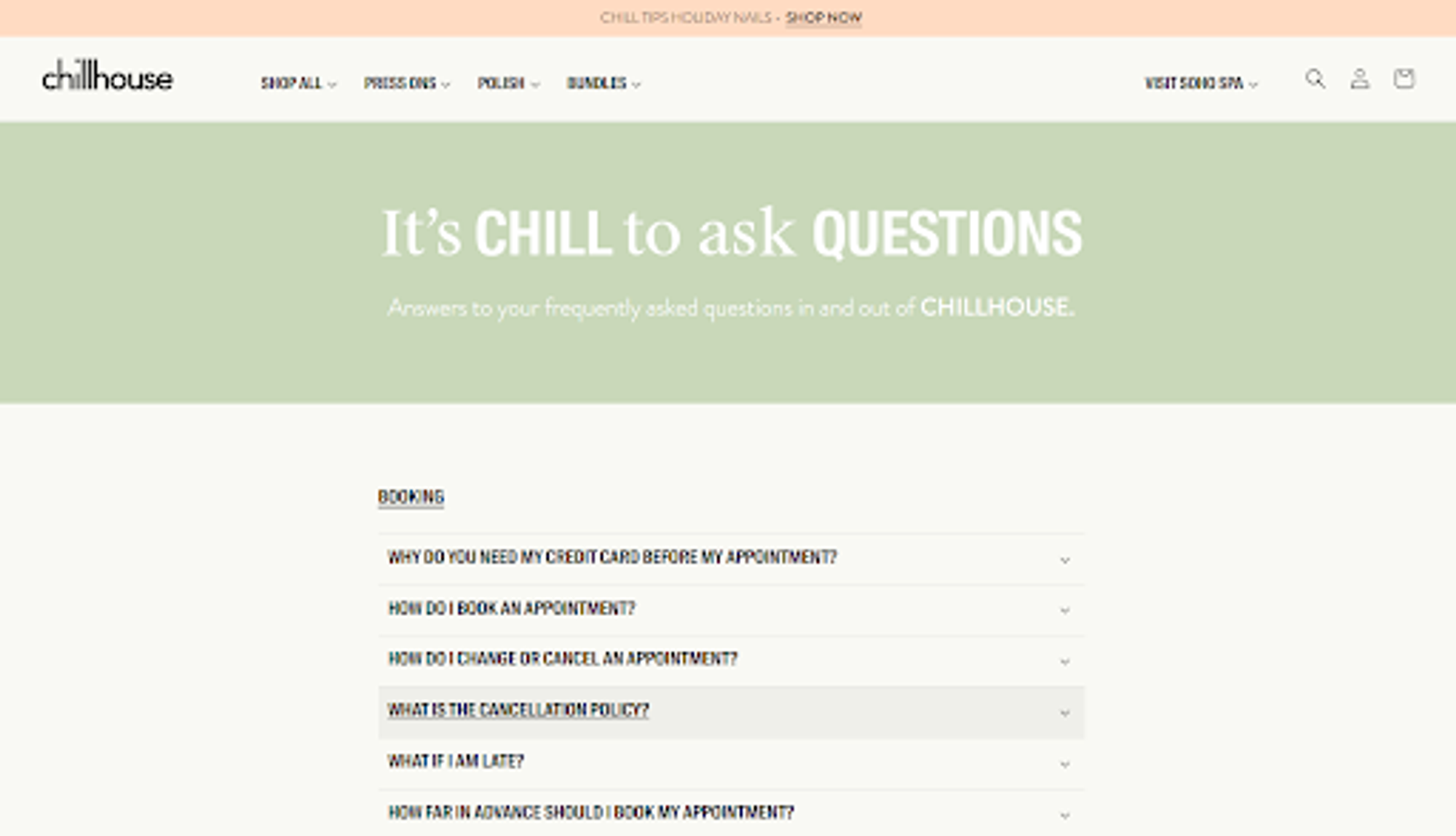 Nail salon cancellation policy weaved into FAQ section 