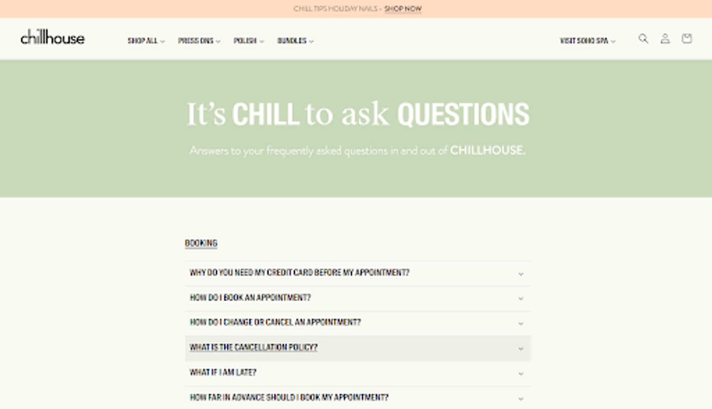 Nail salon cancellation policy weaved into FAQ section 