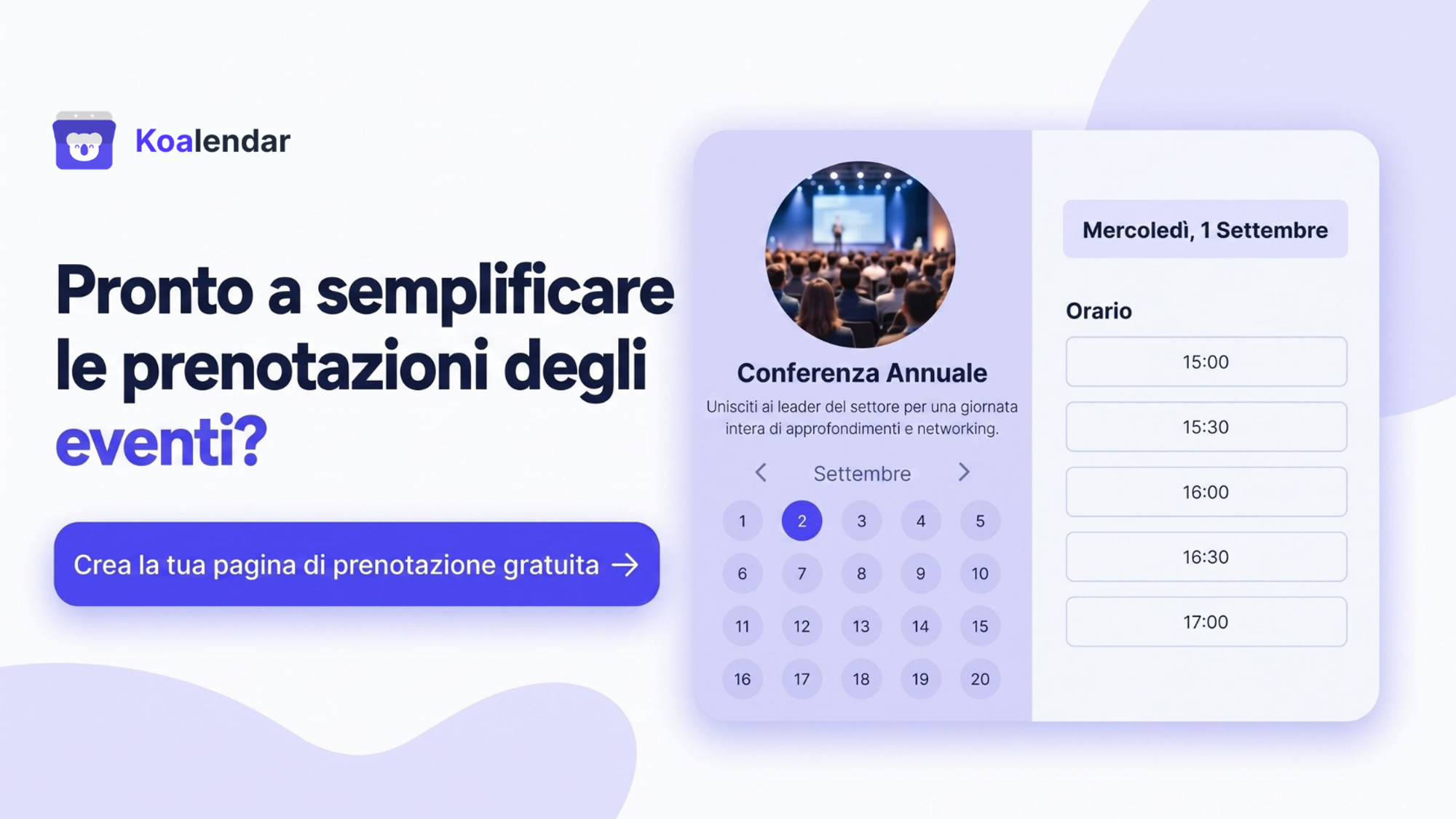 Banner di Koalendar che invita gli organizzatori a semplificare le prenotazioni degli eventi con un software per la gestione degli spazi