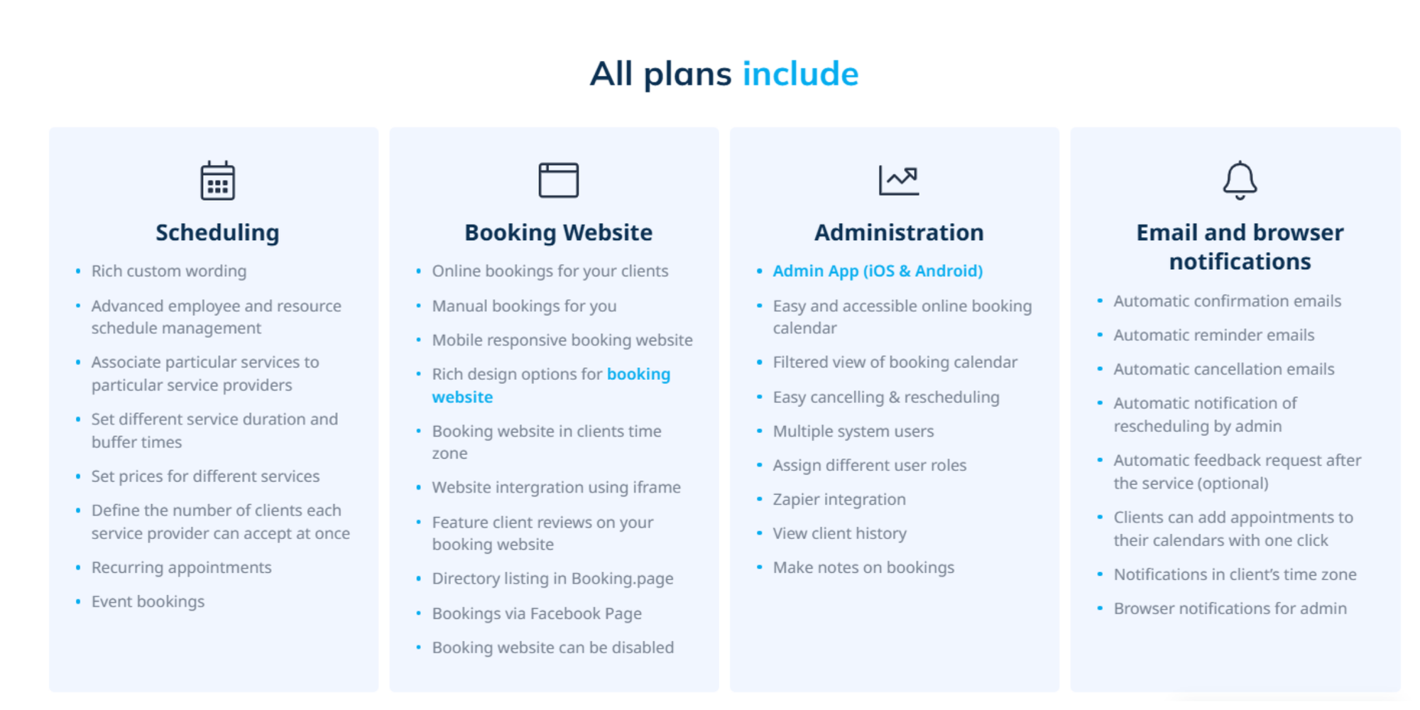 screenshot of simplybook.me features in all plans