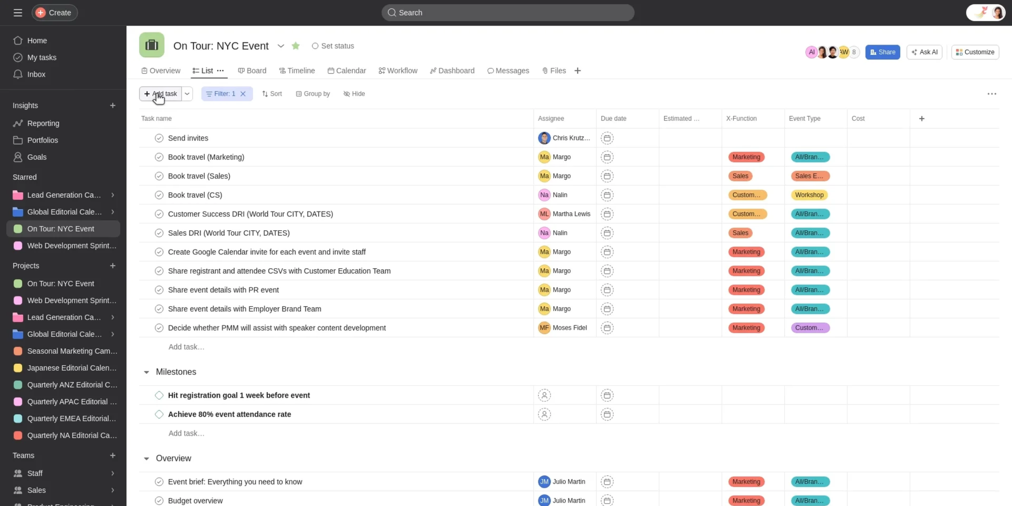 Asana project task list with assignees and due dates, scheduling tools for work that save time