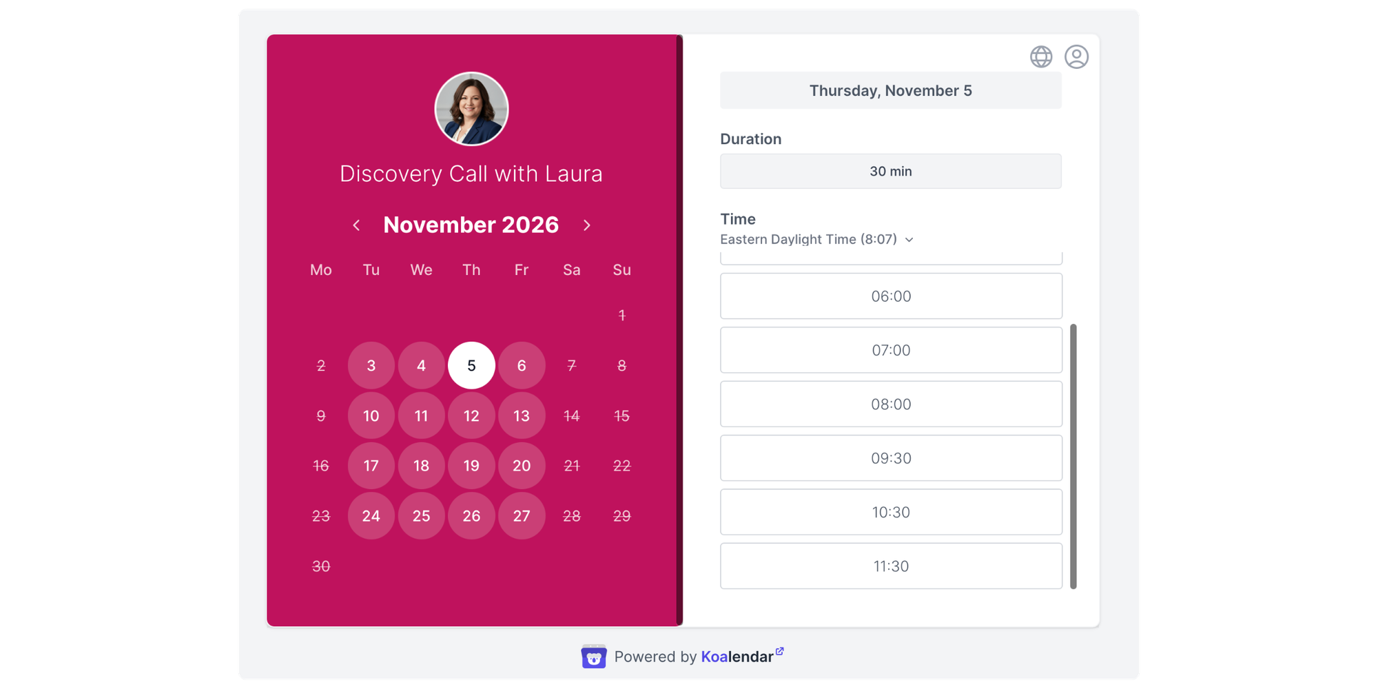 Koalendar discovery call booking page with available dates and appointment times as a Notion Calendar alternative.