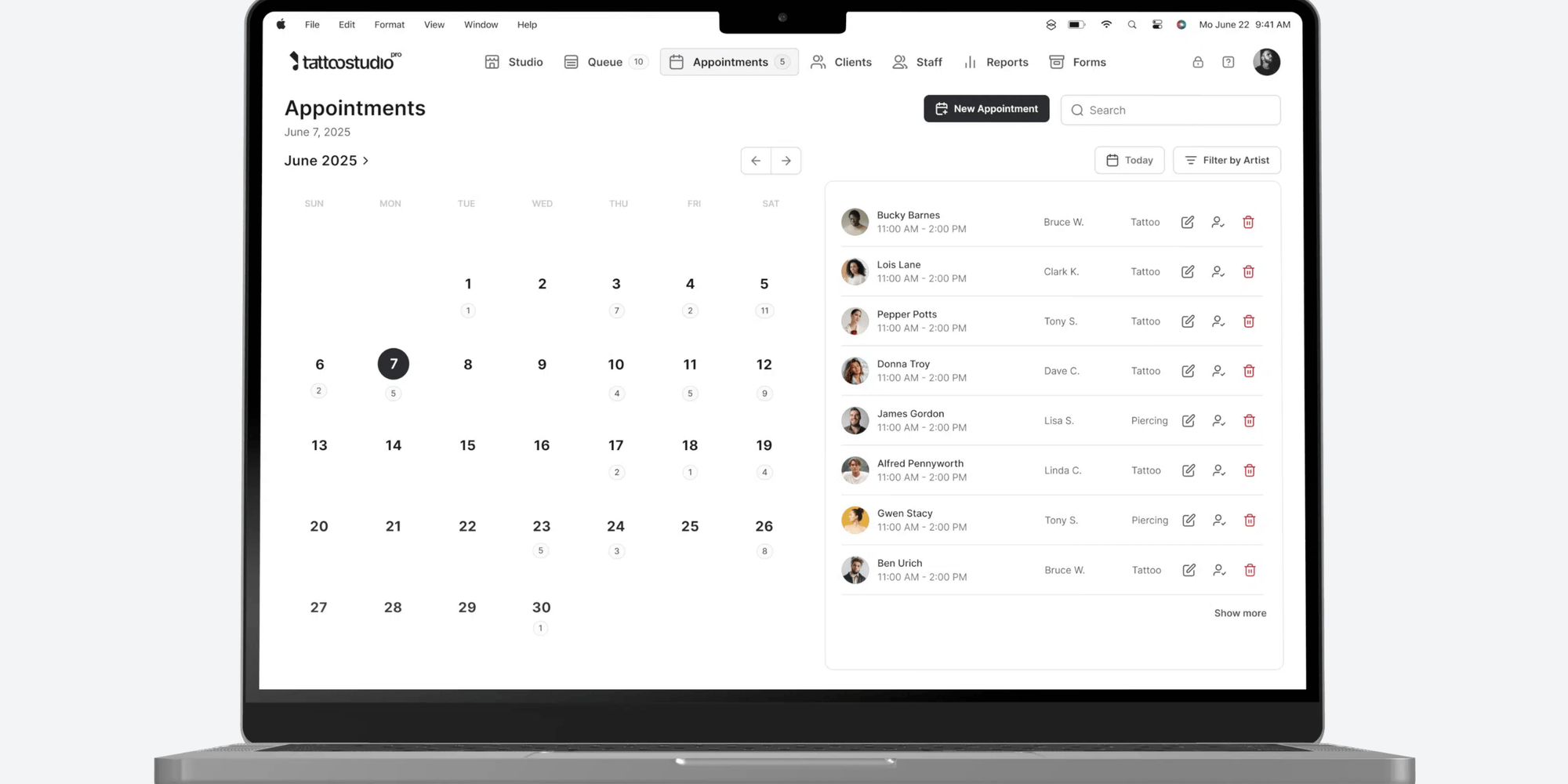 Appointment setting and management screen on Tattoo Shop Pro software, displayed on a laptop screen