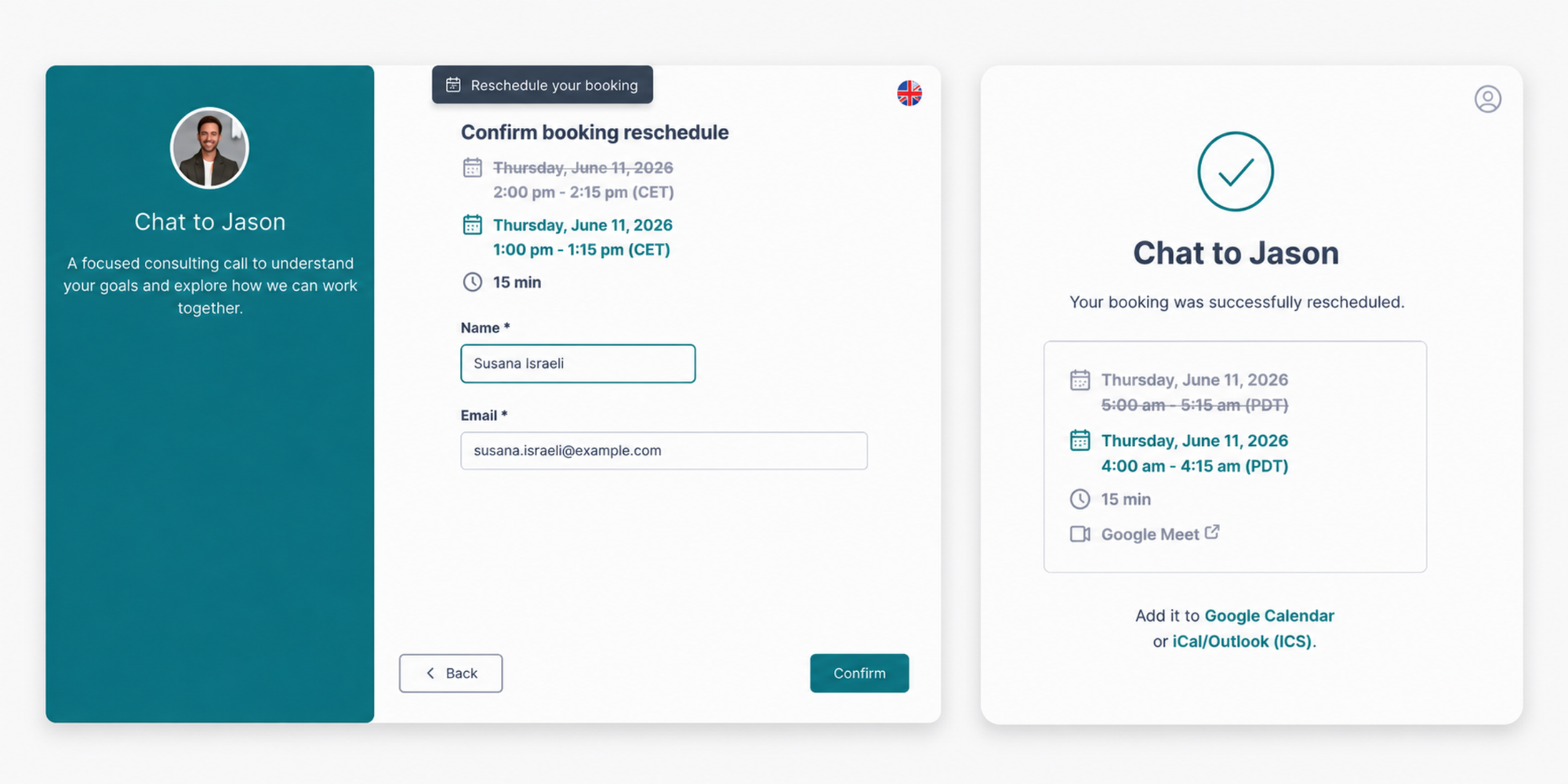 rescheduled option in koalendar booking page instead of suggesting new time in google calendar