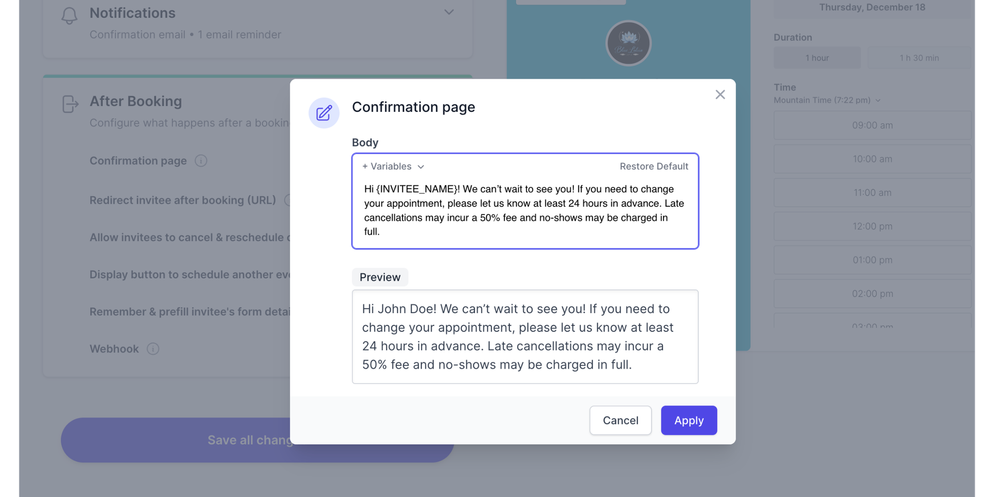 koalendar confirmation page with cancellation policy for spa
