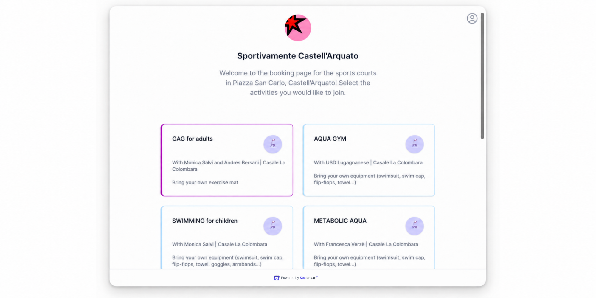 Página de agendamento de atividades do Sportivamente Castell’Arquato, que utiliza um software de gestão de instalações e eventos para reservar sessões esportivas