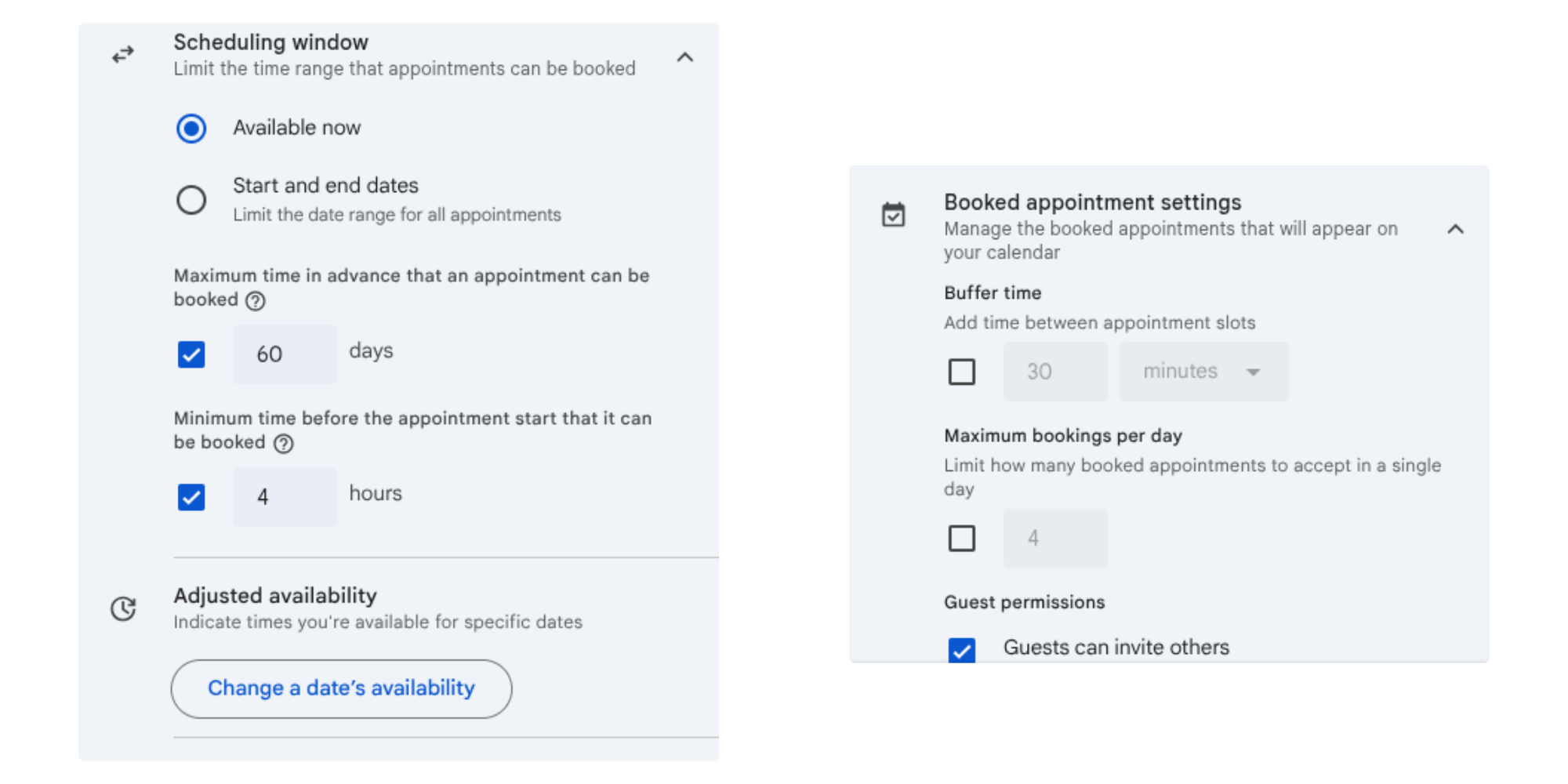 Editing scheduling window and buffer time in Google Calendar