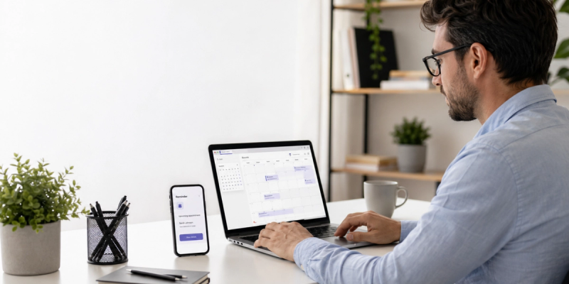 Sistema de lembrete de compromissos em um smartphone ao lado de um calendário em laptop para gerenciar reservas de negócios e reduzir faltas.