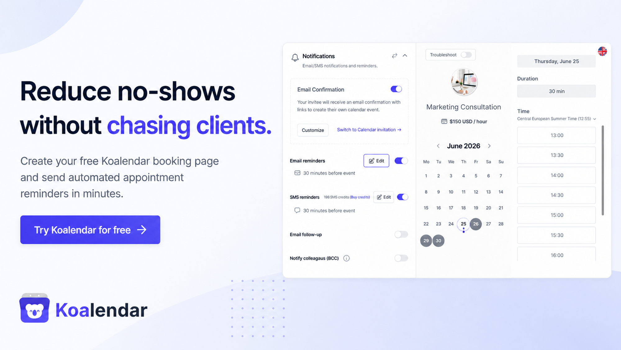 banner of koalendar scheduling tool with appointment reminder system to reduce no-shows