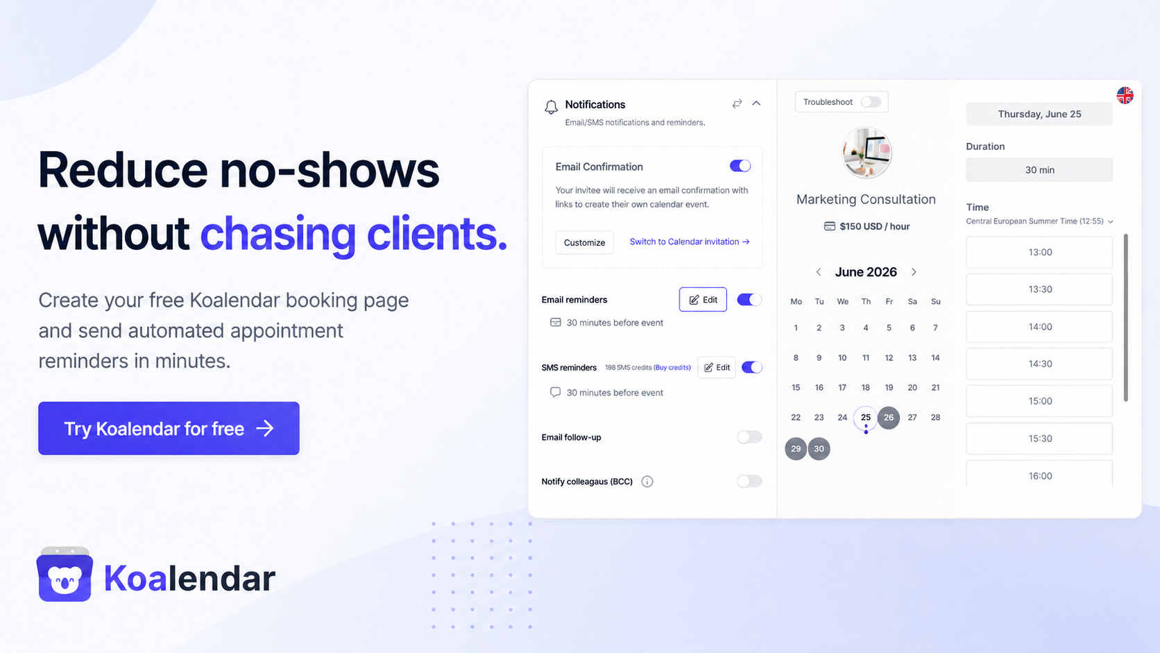 banner of koalendar scheduling tool with appointment reminder system to reduce no-shows