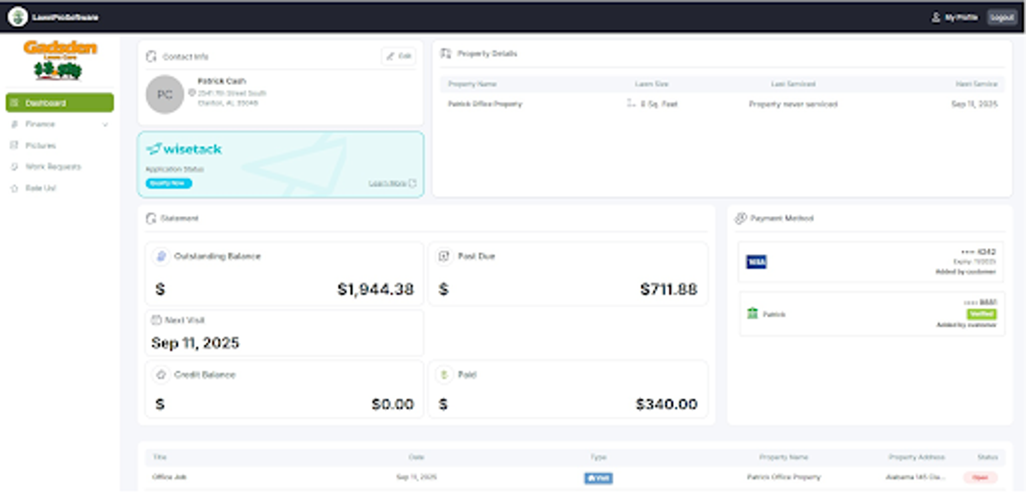 Screenshot of a dashboard from the LawnPro software showing job details and payment information