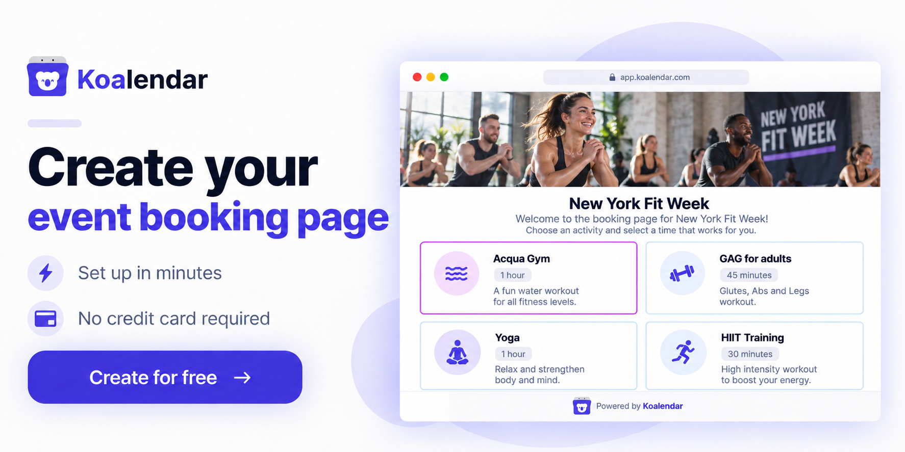 Koalendar banner showing an event booking page and wroking as an event scheduling software