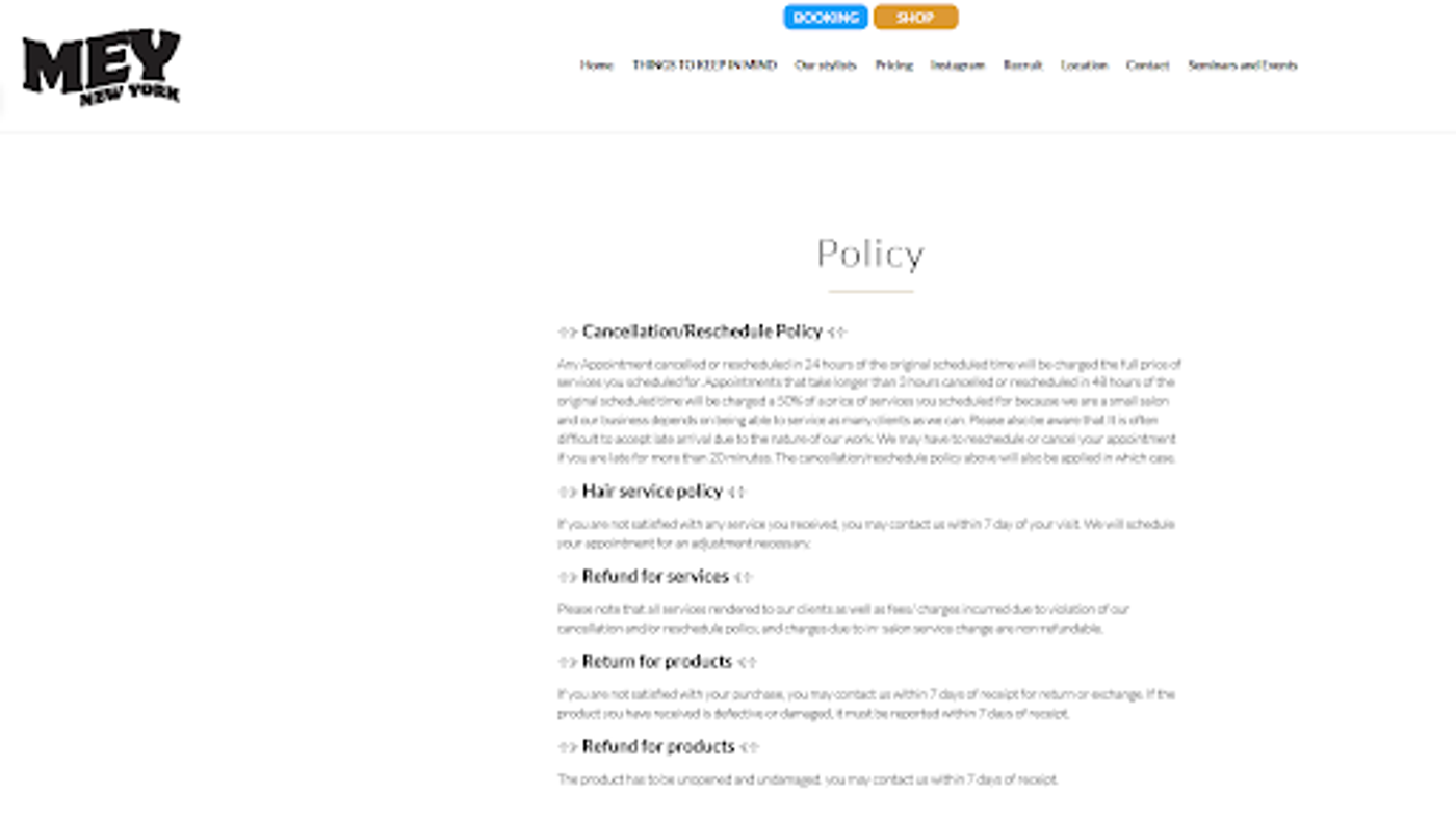 Beauty salon cancelation policy example from a salon in NYC 