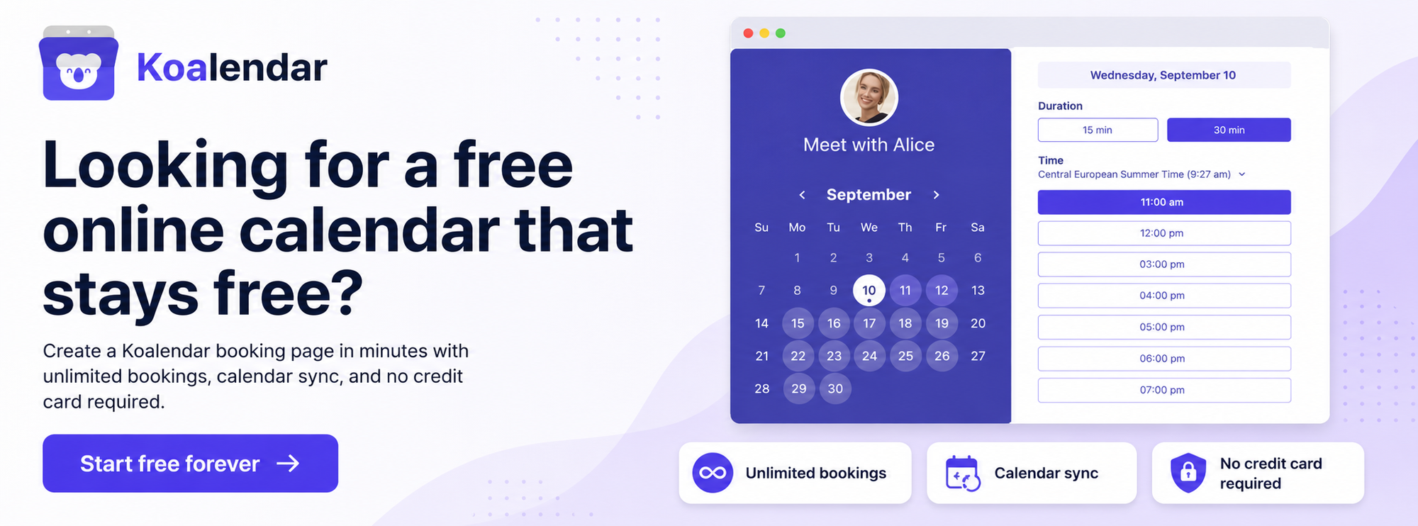 banner of Koalendar Truly free forever: unlimited booking pages, 2 calendar syncs
