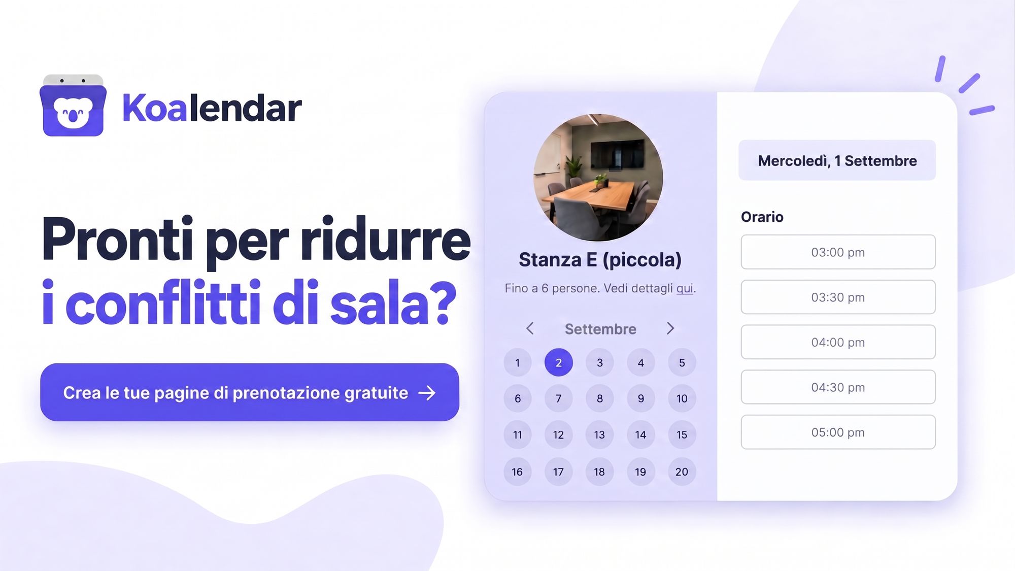 Banner del sistema gratuito di prenotazione delle sale riunioni Koalendar 