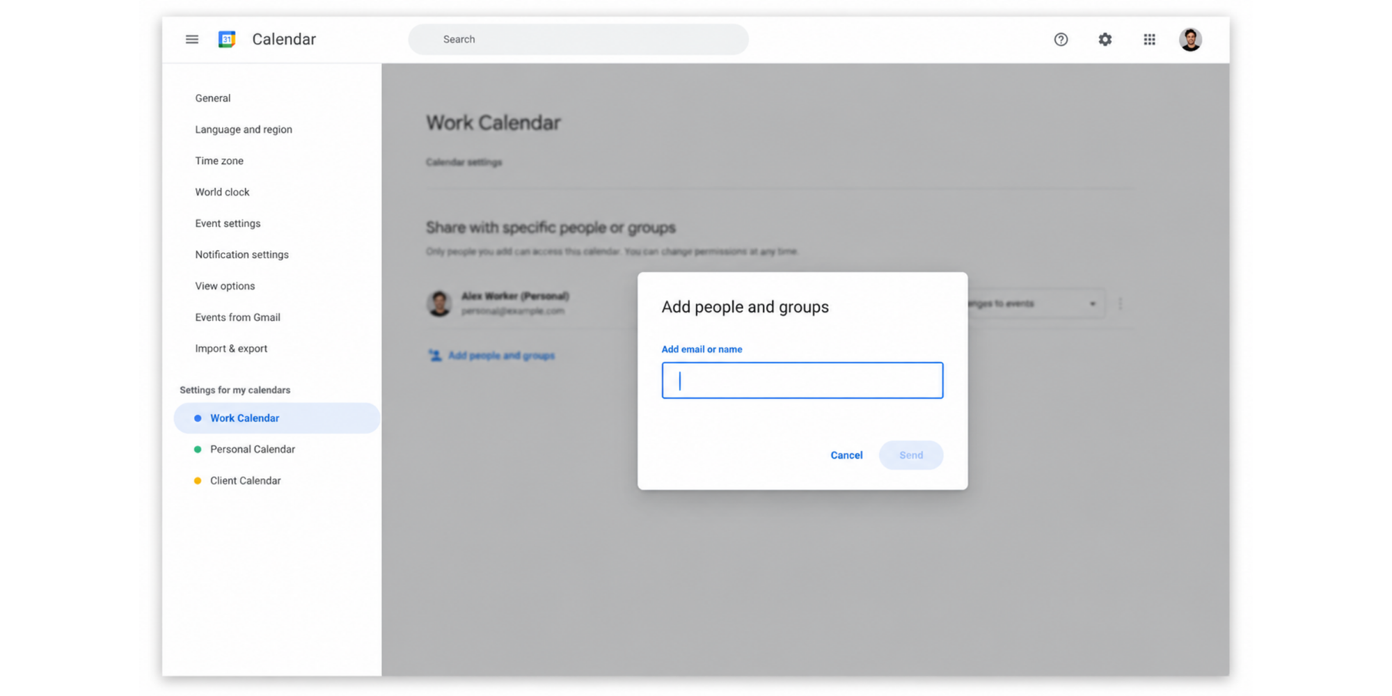 Google Calendar Settings, "Share with specific people or groups" panel for a calendar named "Work Calendar", showing personal@example.com added with "Make changes to events" permission.