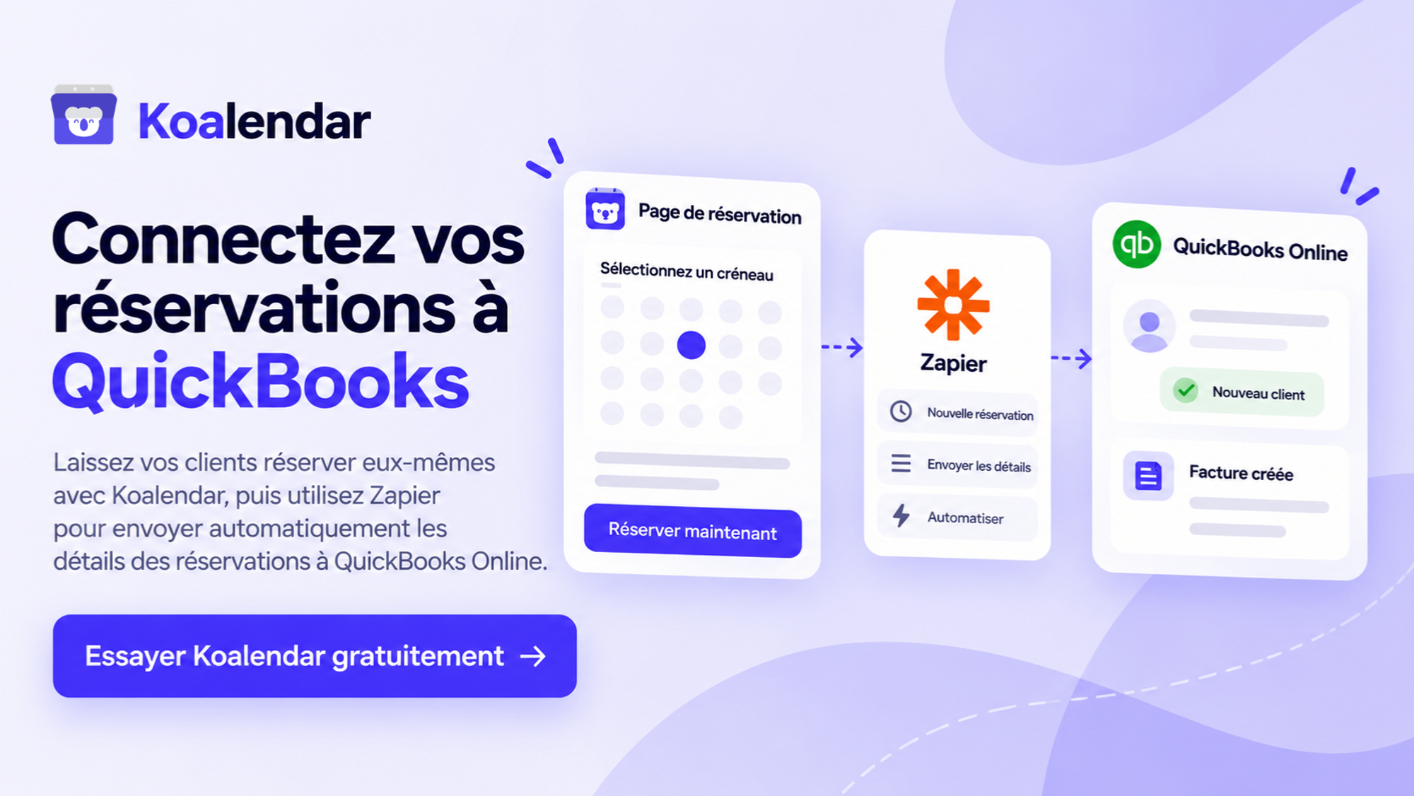 Bannière Koalendar montrant les détails d’une réservation envoyés via Zapier à QuickBooks Online, avec un logiciel de planification qui s’intègre à QuickBooks.