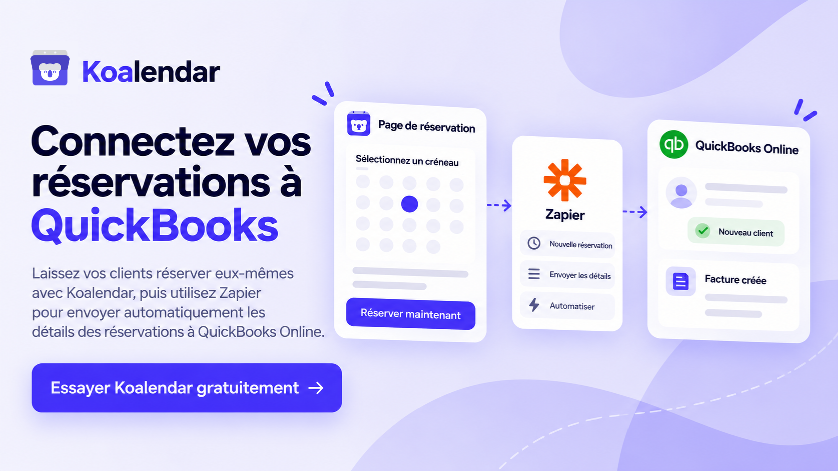 Bannière Koalendar montrant les détails d’une réservation envoyés via Zapier à QuickBooks Online, avec un logiciel de planification qui s’intègre à QuickBooks.