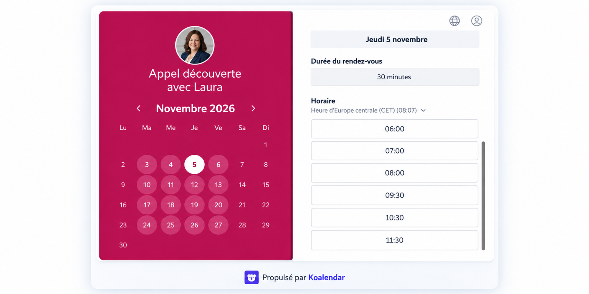Page de réservation d’appels de découverte Koalendar affichant les dates et créneaux disponibles, comme alternative à Notion Calendar.