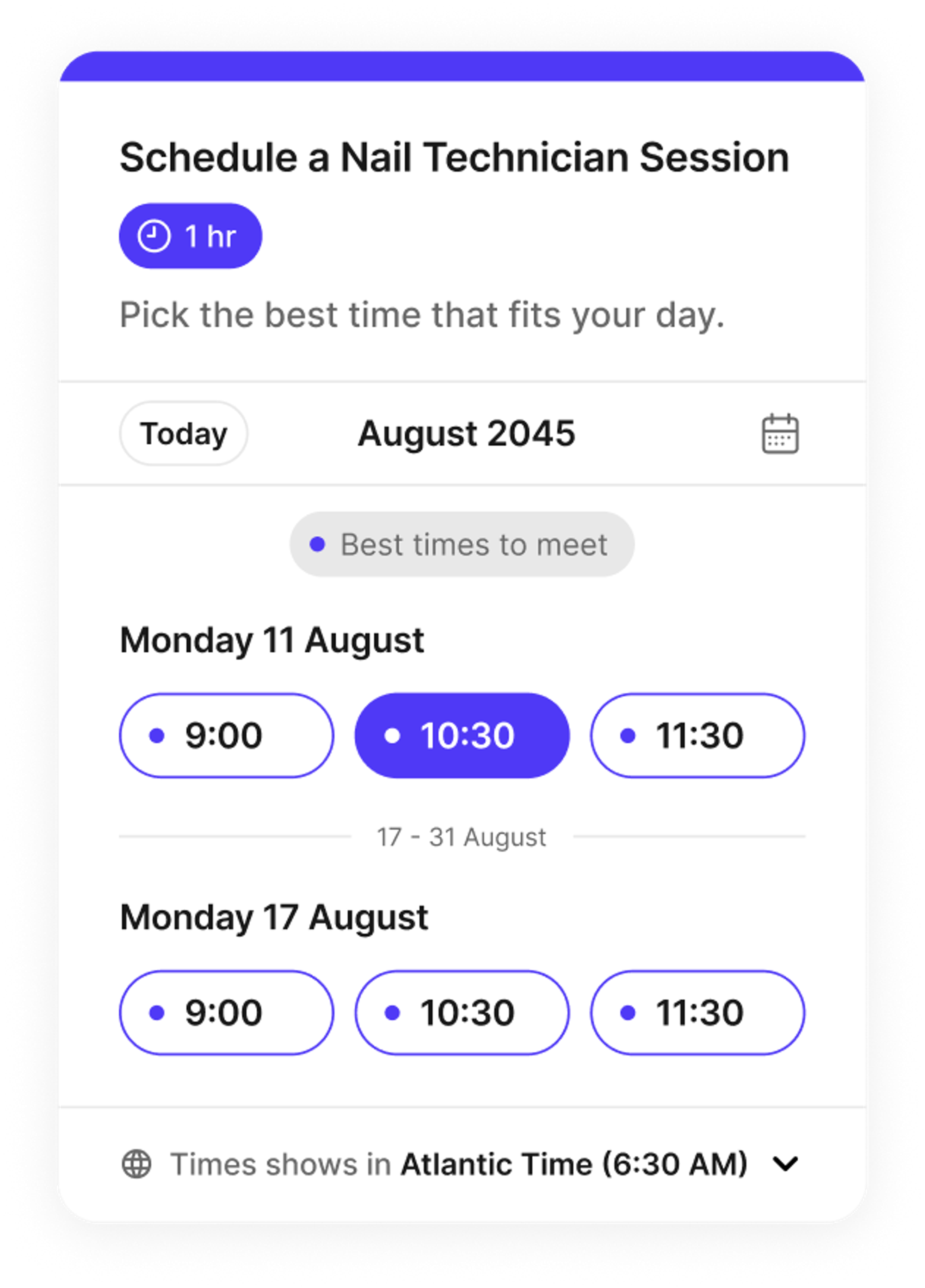 Screenshot of a Koalendar booking page for a nail salon
