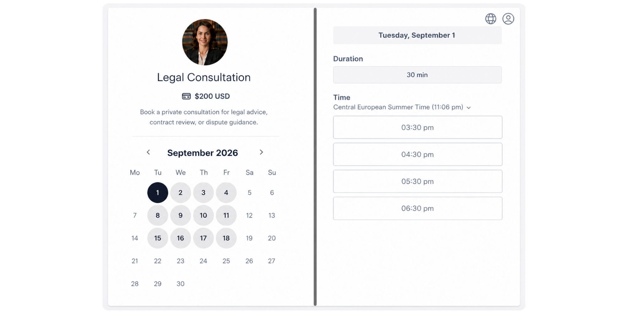 law consultation booking page made with koalendar scheduling software for law firm