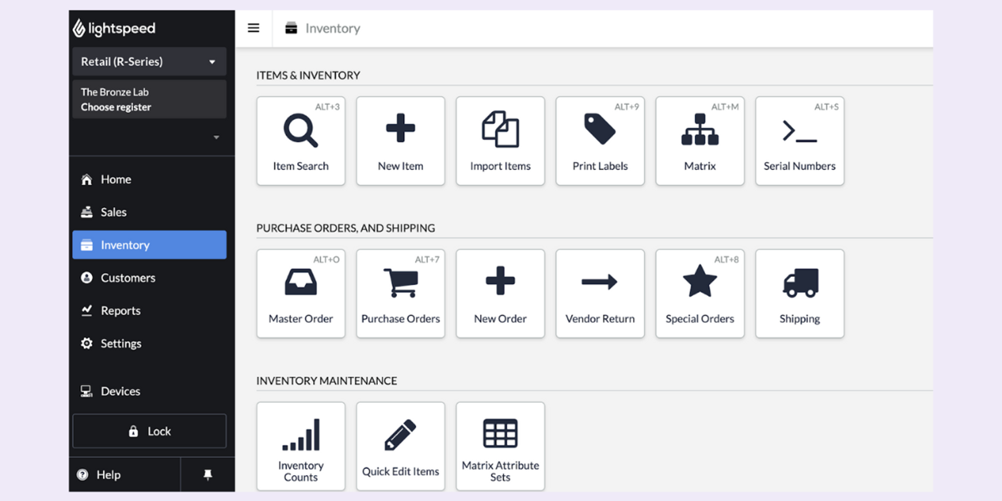 Lightspeed Retail inventory dashboard supporting workflows used in retail-focused salon management systems