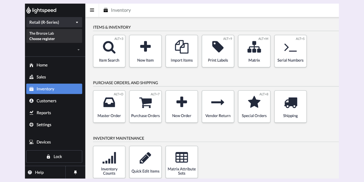 Lightspeed Retail inventory dashboard supporting workflows used in retail-focused salon management systems