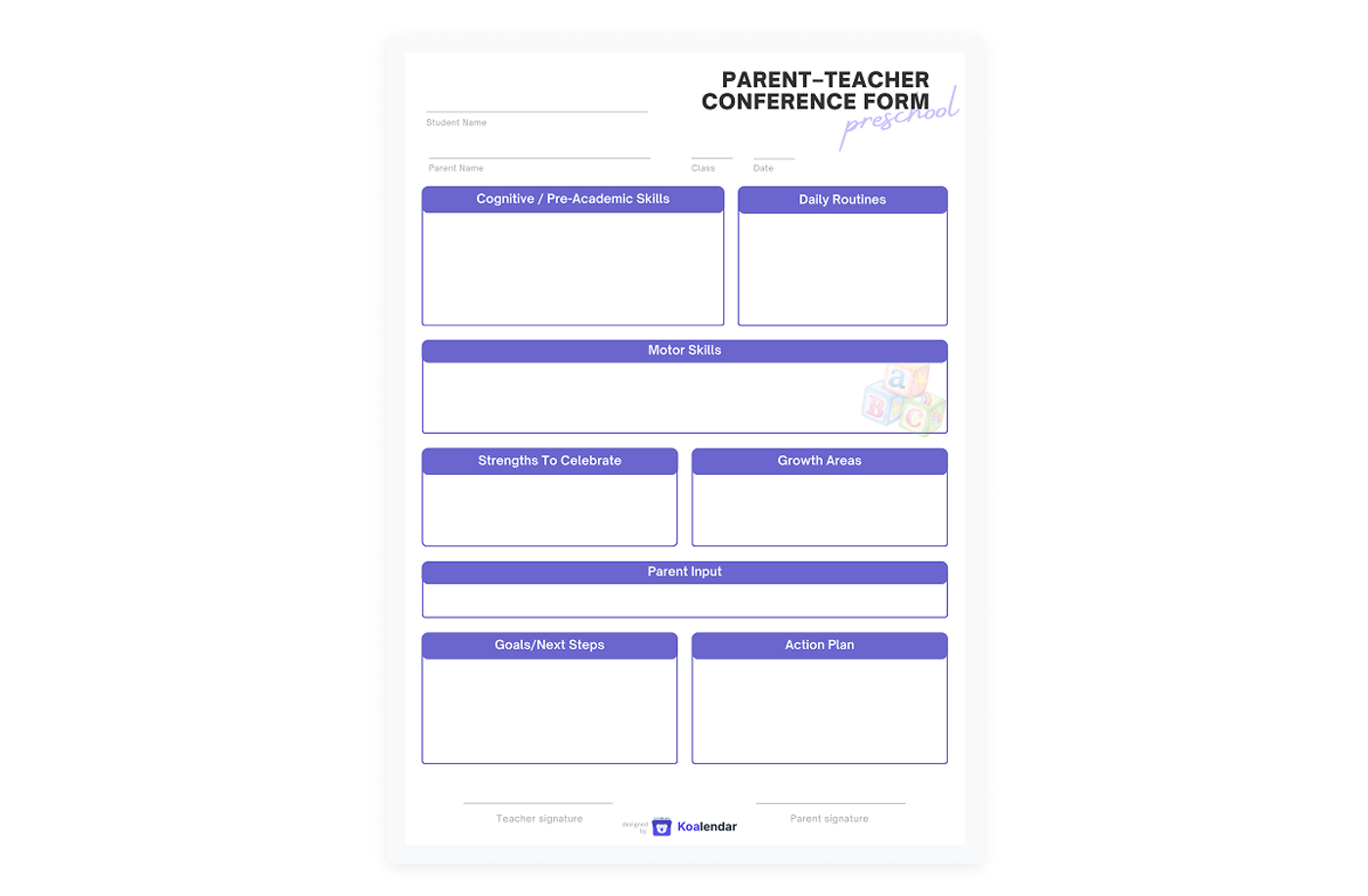 screenshot of parent-teacher conference form for preschool designed by koalendar 