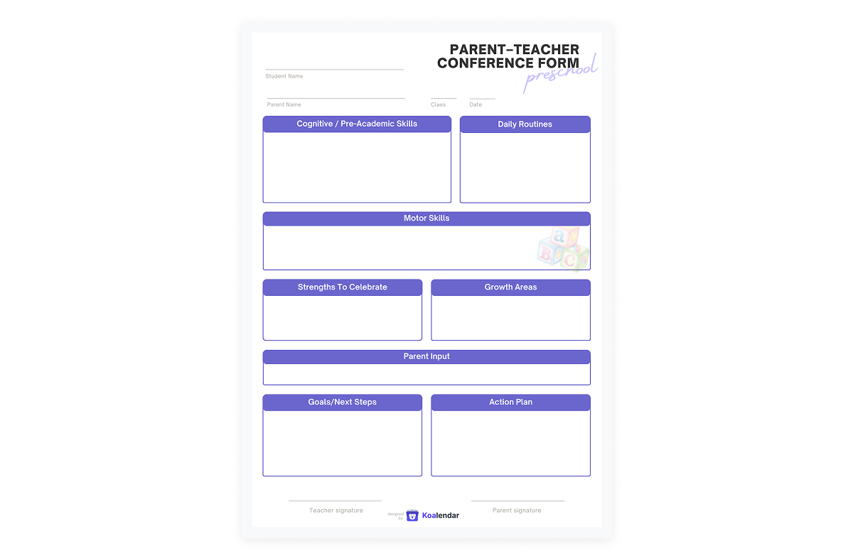 screenshot of parent-teacher conference form for preschool designed by koalendar