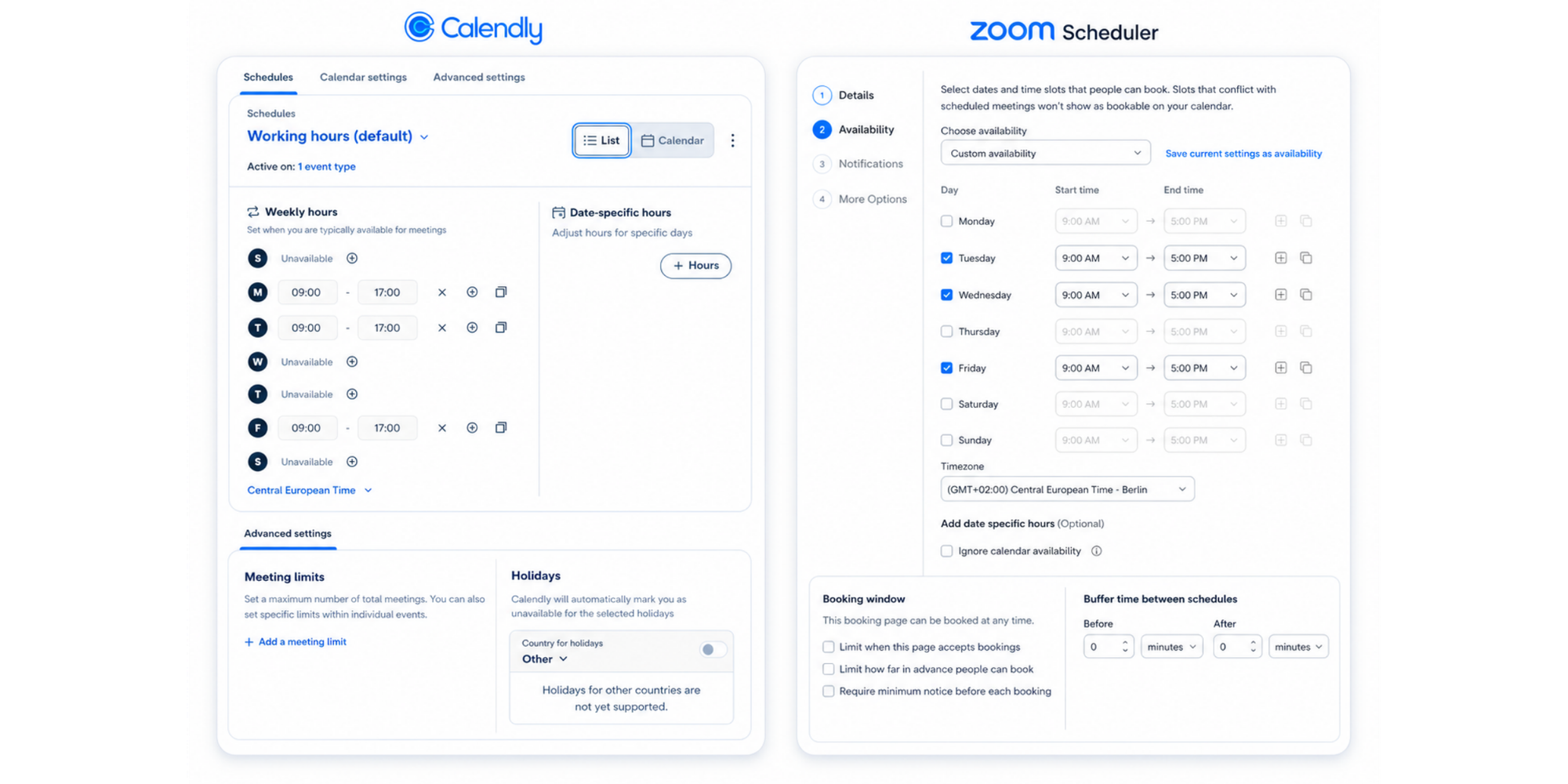 Zoom scheduler vs Calendly Availability options